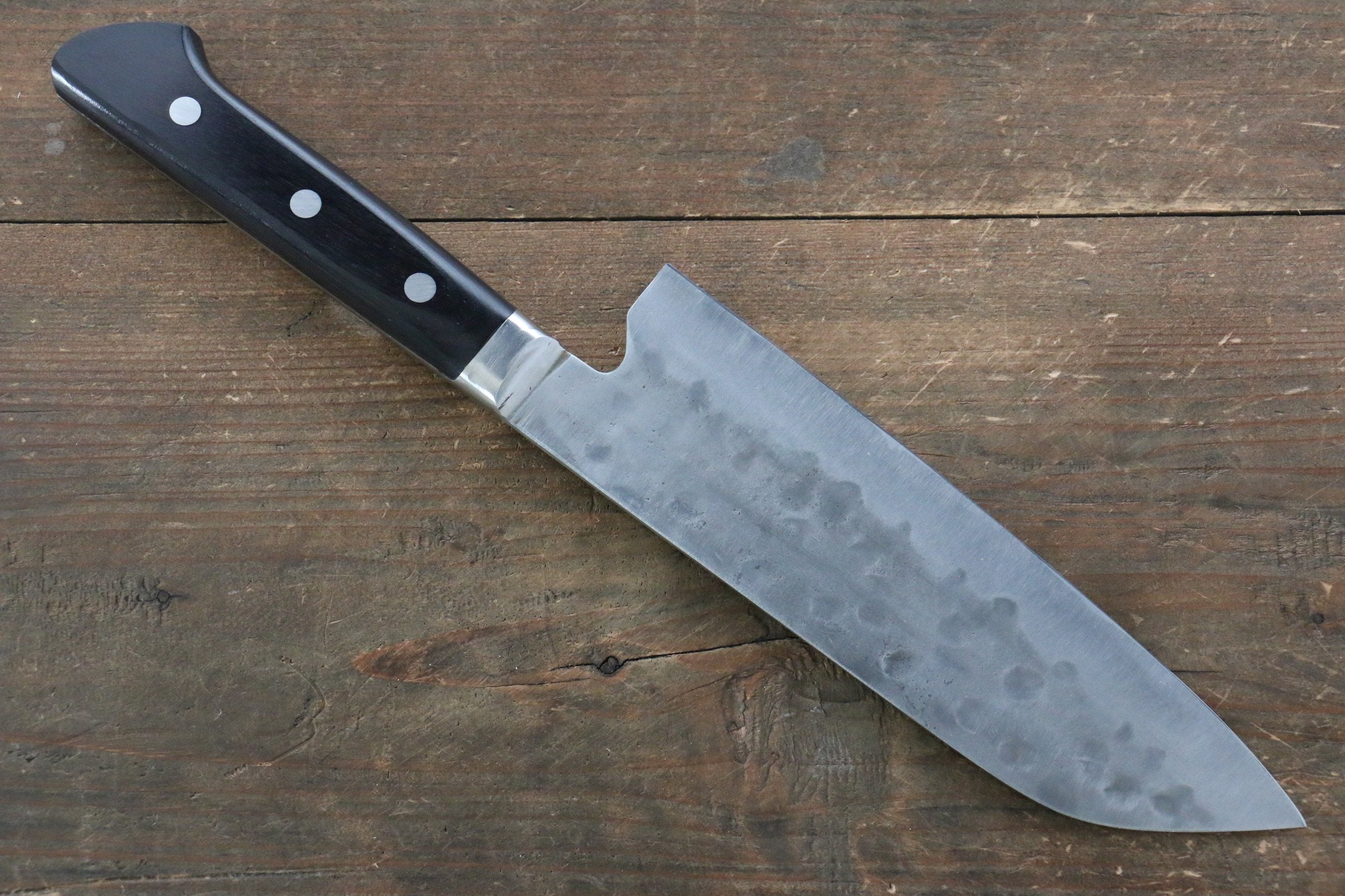 Fujiwara Teruyasu Fujiwara Teruyasu Maboroshi White Steel No.1 Nashiji Hammered Santoku 180mm with Black Pakka wood Handle - Japanny - Best Japanese Knife