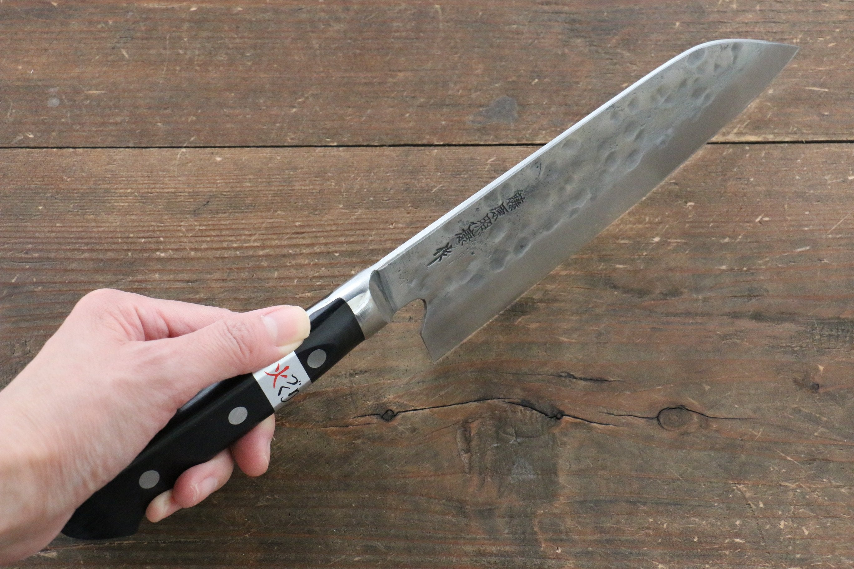 Fujiwara Teruyasu Fujiwara Teruyasu Maboroshi White Steel No.1 Nashiji Hammered Santoku 180mm with Black Pakka wood Handle - Japanny - Best Japanese Knife