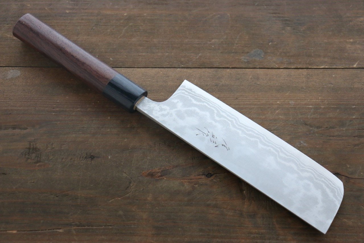 Shungo Ogata White Steel No.2 Damascus Migaki Finished Nakiri 165mm Shitan Handle - Japanny - Best Japanese Knife