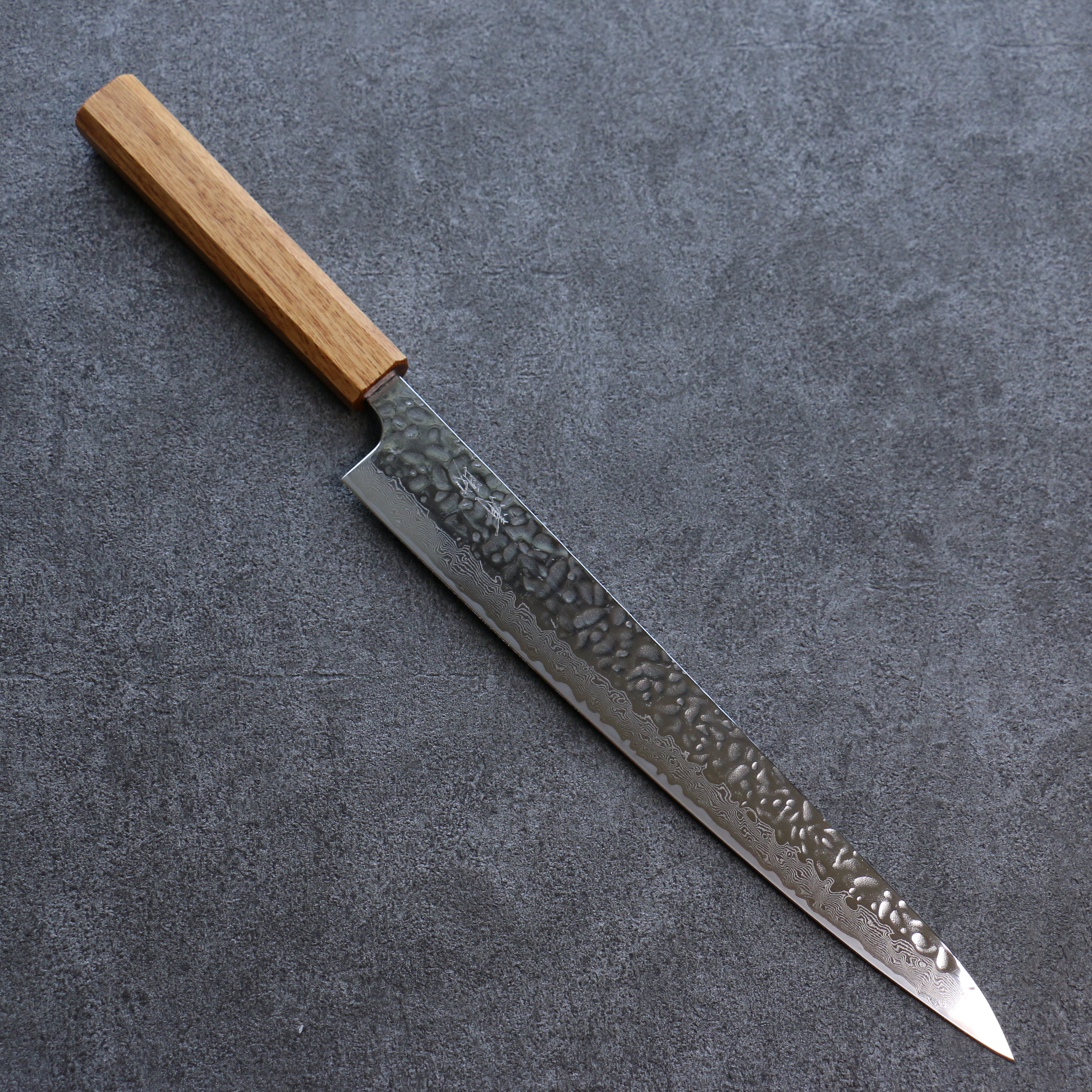 Seisuke Tsukikage AUS10 Migaki Finished Hammered Damascus Sujihiki 270mm Oak Handle - Japanny - Best Japanese Knife