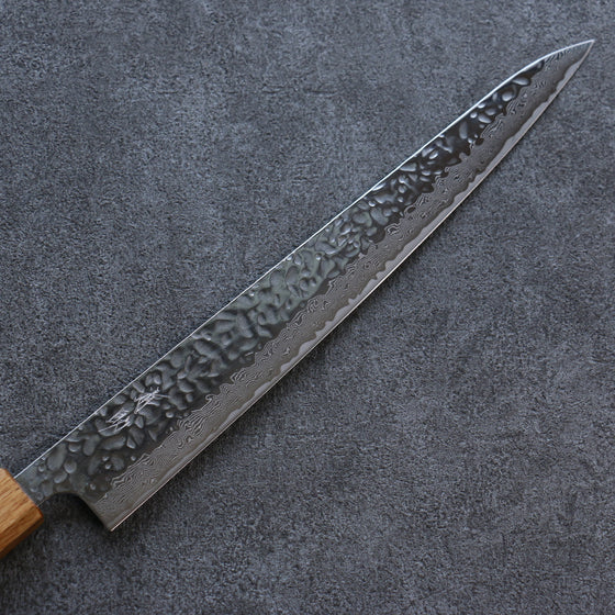 Seisuke Tsukikage AUS10 Migaki Finished Hammered Damascus Sujihiki 270mm Oak Handle - Japanny - Best Japanese Knife