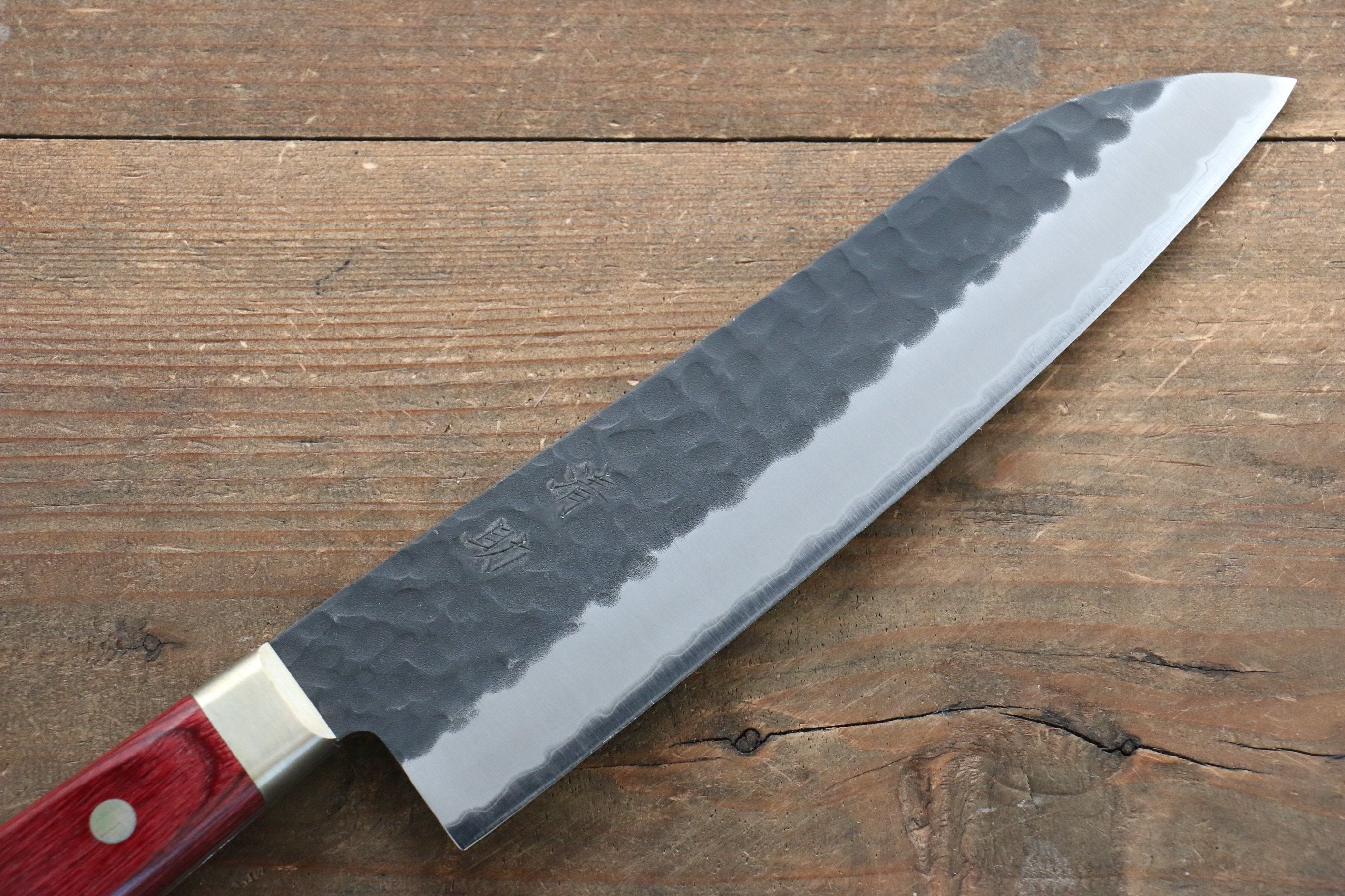 Seisuke Kurobeni Blue Super Hammered Kurouchi Santoku 185mm Red Pakka wood Handle - Japanny - Best Japanese Knife