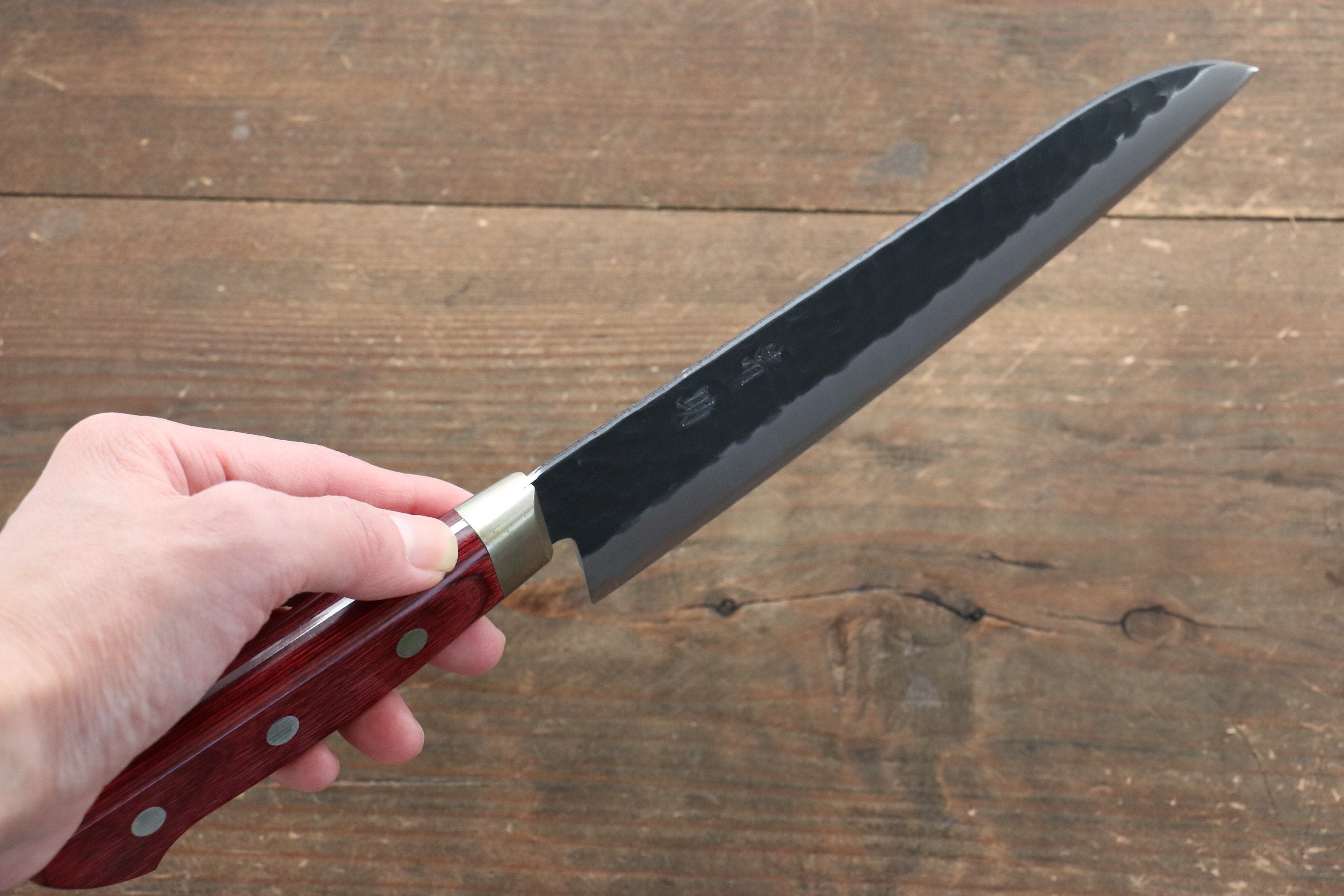 Seisuke Kurobeni Blue Super Hammered Kurouchi Santoku 185mm Red Pakka wood Handle - Japanny - Best Japanese Knife