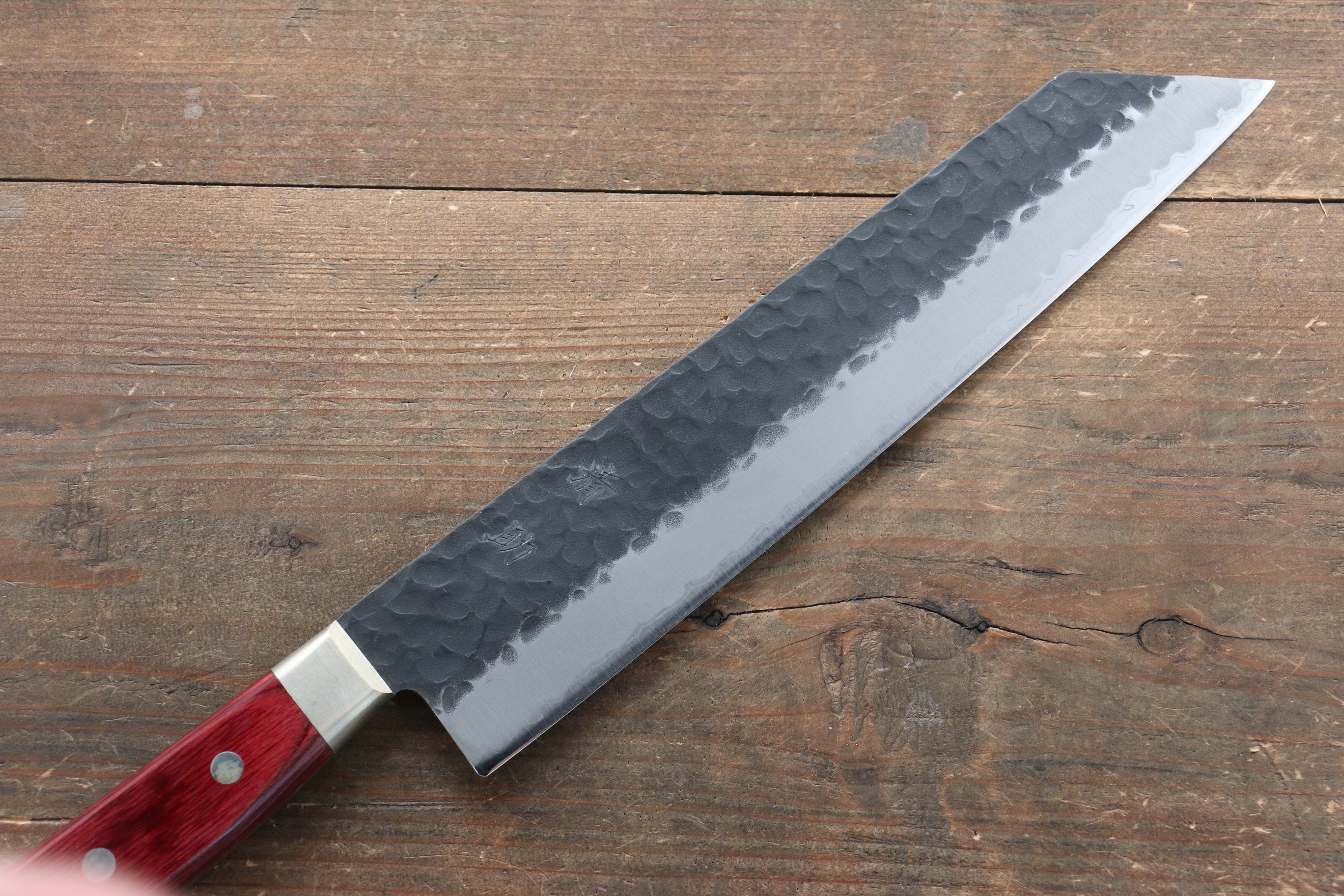 Seisuke Kurobeni Blue Super Hammered Kurouchi Kiritsuke Gyuto 240mm Red Pakka wood Handle - Japanny - Best Japanese Knife