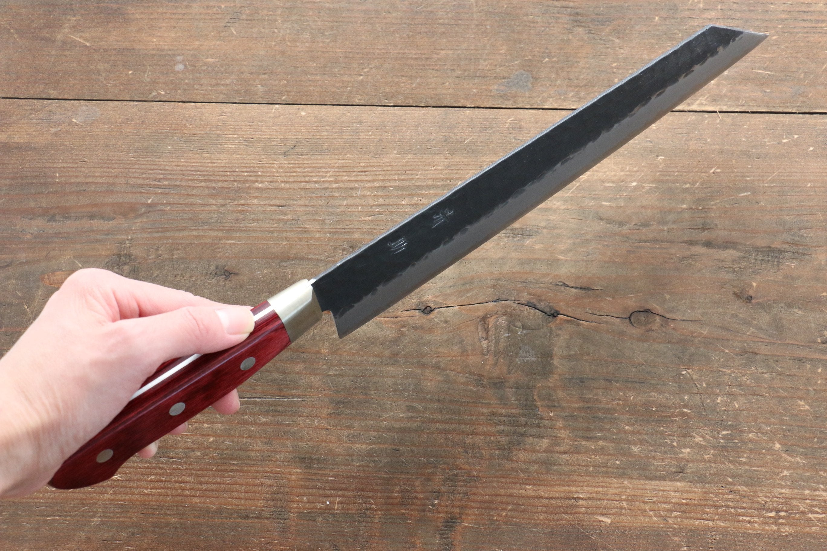 Seisuke Kurobeni Blue Super Hammered Kurouchi Kiritsuke Gyuto 240mm Red Pakka wood Handle - Japanny - Best Japanese Knife