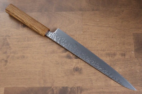 Seisuke Tsukikage AUS10 Migaki Finished Hammered Damascus Sujihiki 240mm Oak Handle - Japanny - Best Japanese Knife