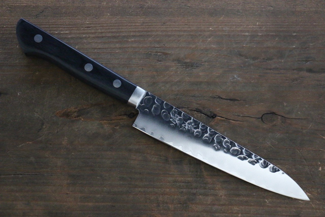 Seisuke VG1 Hammered Migaki Finished Petty-Utility 135mm Black Pakka wood Handle - Japanny - Best Japanese Knife
