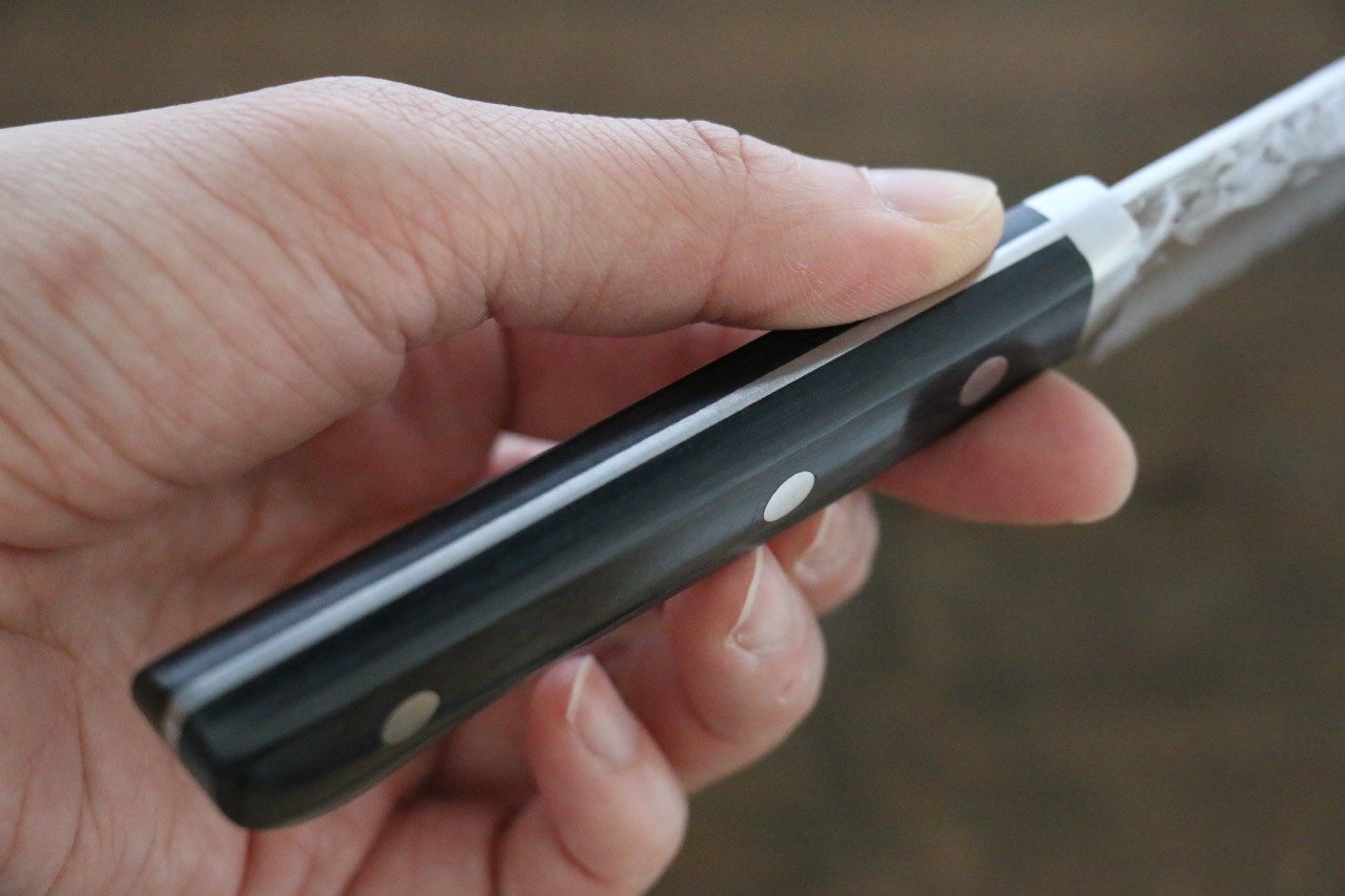 Seisuke VG1 Hammered Migaki Finished Petty-Utility 135mm Black Pakka wood Handle - Japanny - Best Japanese Knife