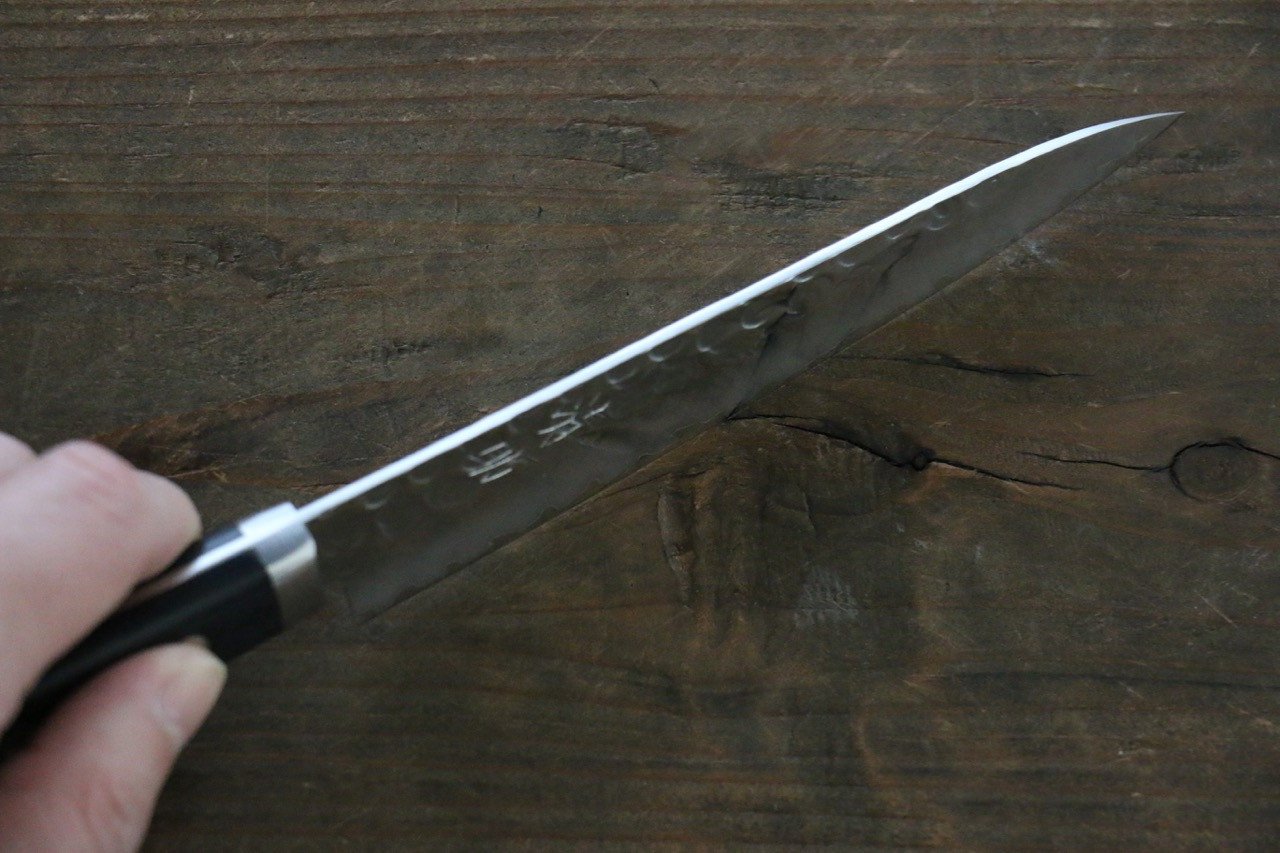 Seisuke VG1 Hammered Migaki Finished Petty-Utility 135mm Black Pakka wood Handle - Japanny - Best Japanese Knife