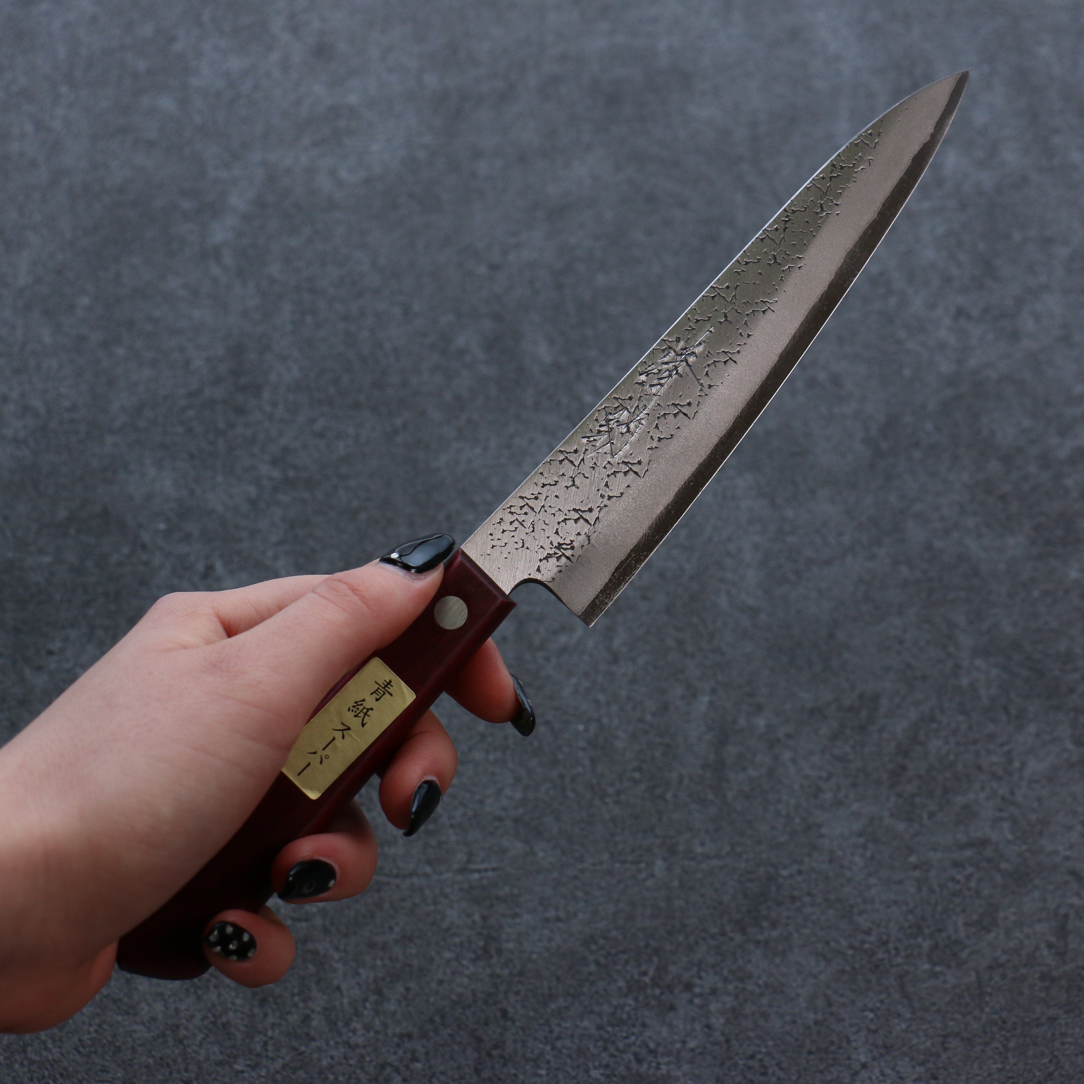Seisuke Blue Super Hammered Petty-Utility 150mm Red Pakka wood Handle - Japanny - Best Japanese Knife