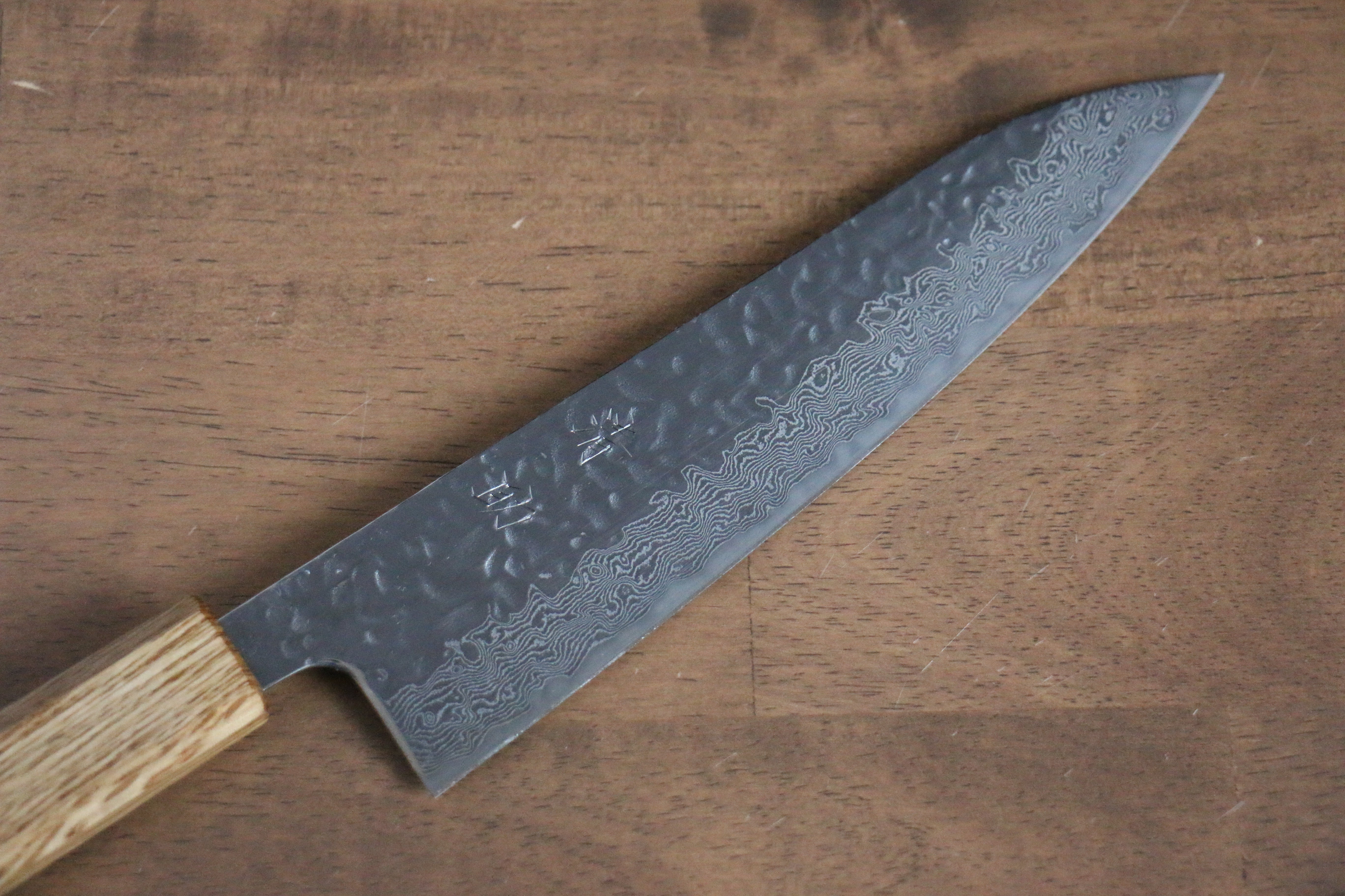 Seisuke Tsukikage AUS10 Migaki Finished Hammered Damascus Gyuto 180mm Oak Handle - Japanny - Best Japanese Knife