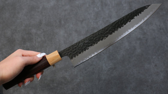 Seisuke Shitan Blue Super Hammered Kurouchi Gyuto 240mm Shitan Handle - Japanny - Best Japanese Knife