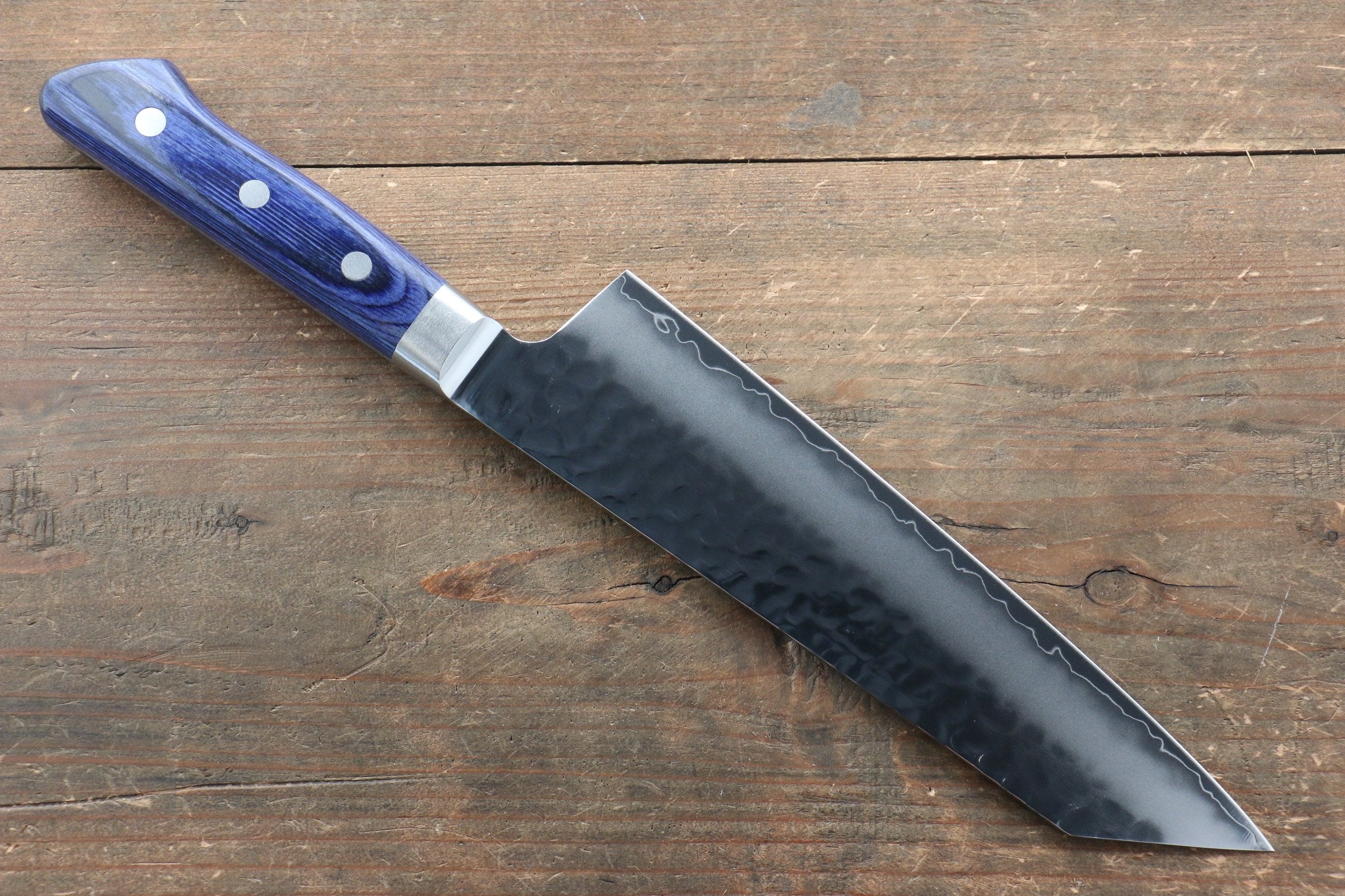 Seisuke Aotsuchi AUS10 Hammered Kiritsuke Santoku 195mm Blue Pakka wood Handle - Japanny - Best Japanese Knife