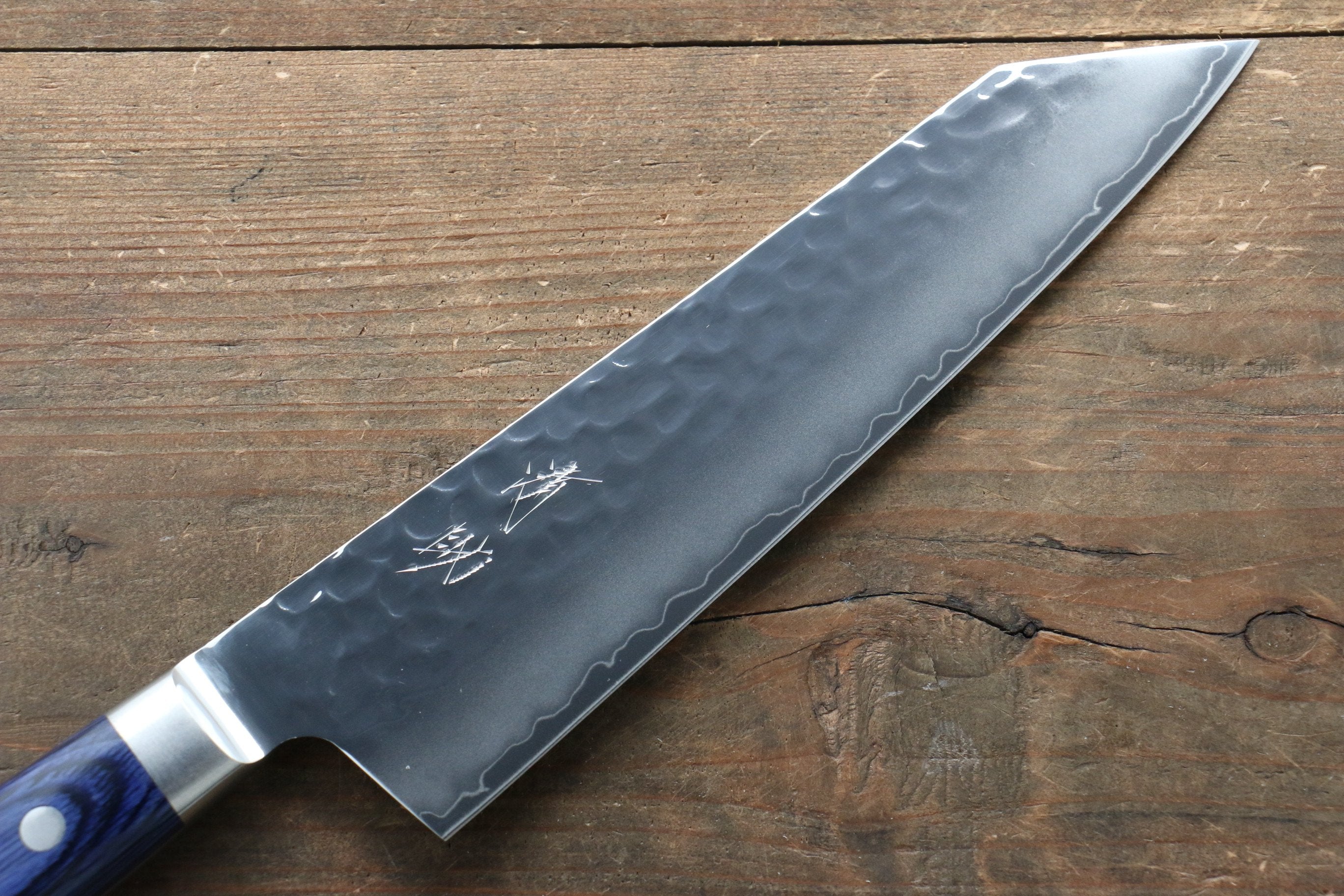 Seisuke Aotsuchi AUS10 Hammered Kiritsuke Santoku 195mm Blue Pakka wood Handle - Japanny - Best Japanese Knife