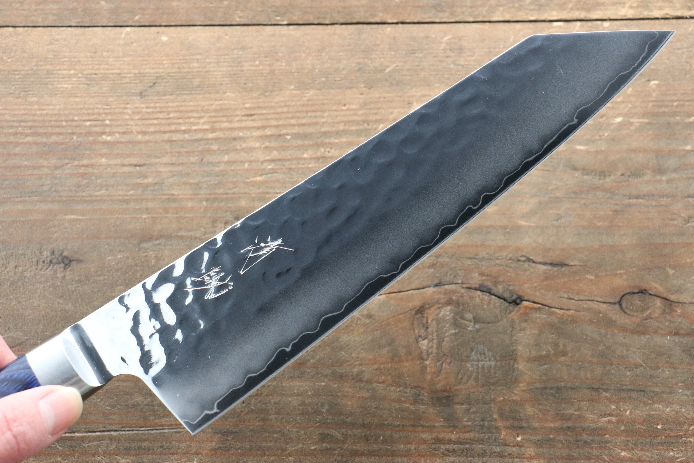 Seisuke Aotsuchi AUS10 Hammered Kiritsuke Santoku 195mm Blue Pakka wood Handle - Japanny - Best Japanese Knife