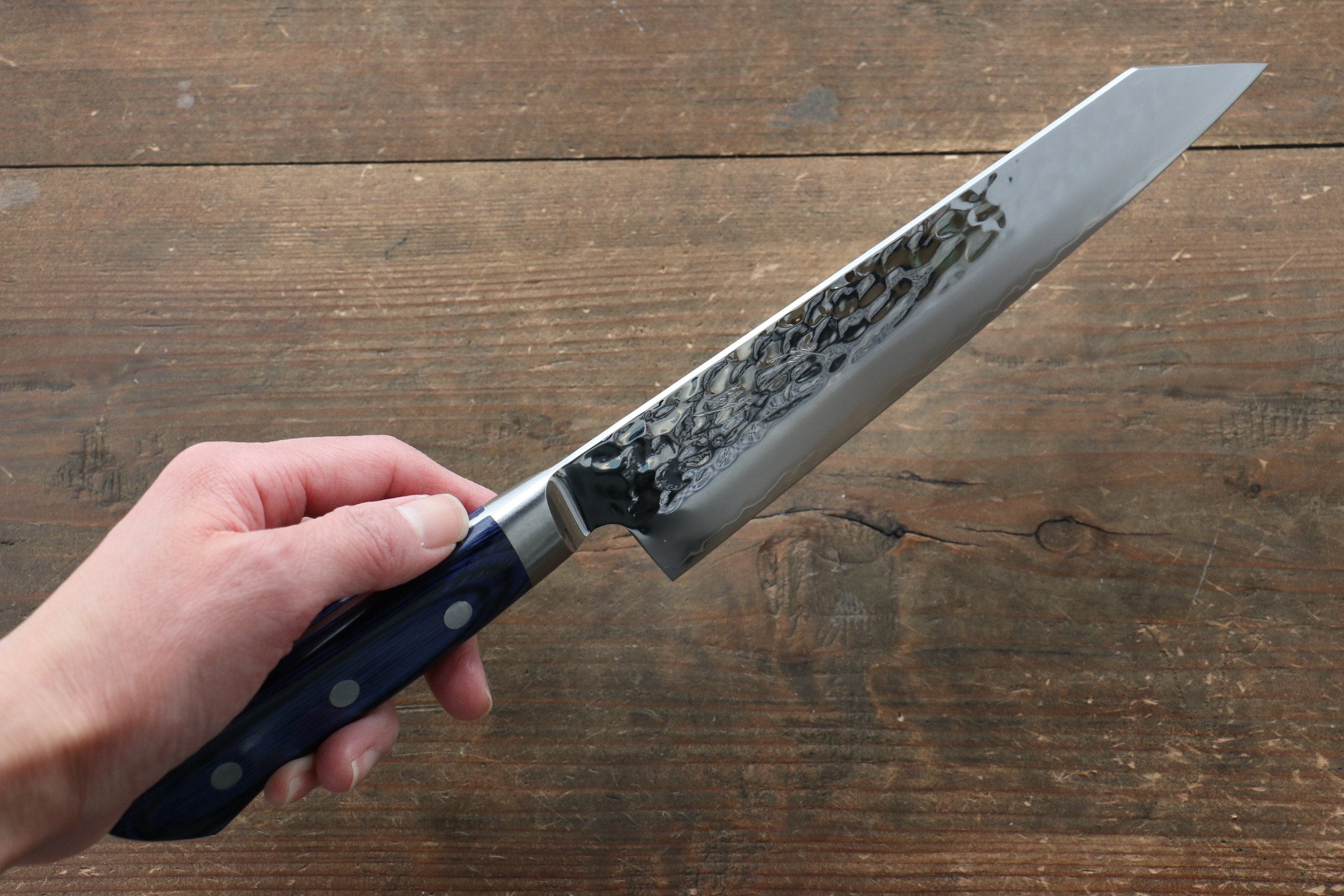 Seisuke Aotsuchi AUS10 Hammered Kiritsuke Santoku 195mm Blue Pakka wood Handle - Japanny - Best Japanese Knife