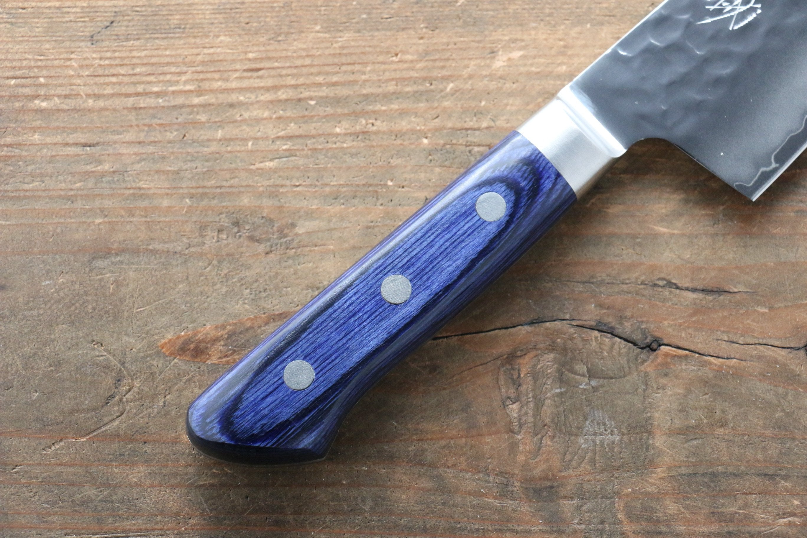 Seisuke Aotsuchi AUS10 Hammered Kiritsuke Santoku 195mm Blue Pakka wood Handle - Japanny - Best Japanese Knife
