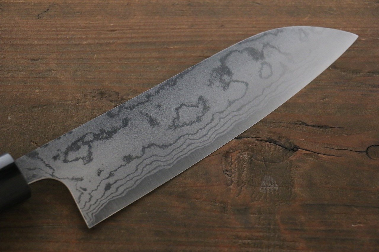 Shungo Ogata White Steel No.2 Damascus Migaki Finished Santoku 180mm Shitan Handle - Japanny - Best Japanese Knife