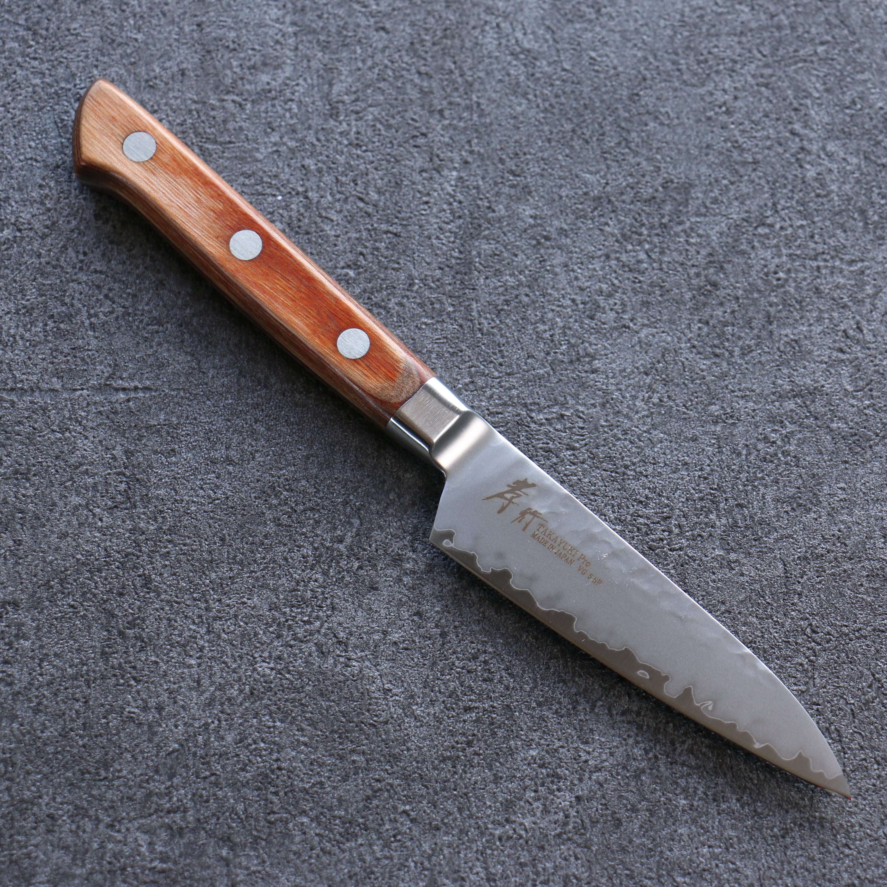Sakai Takayuki VG5 Hammered Petty-Utility 90mm Brown Pakka wood Handle - Japanny - Best Japanese Knife