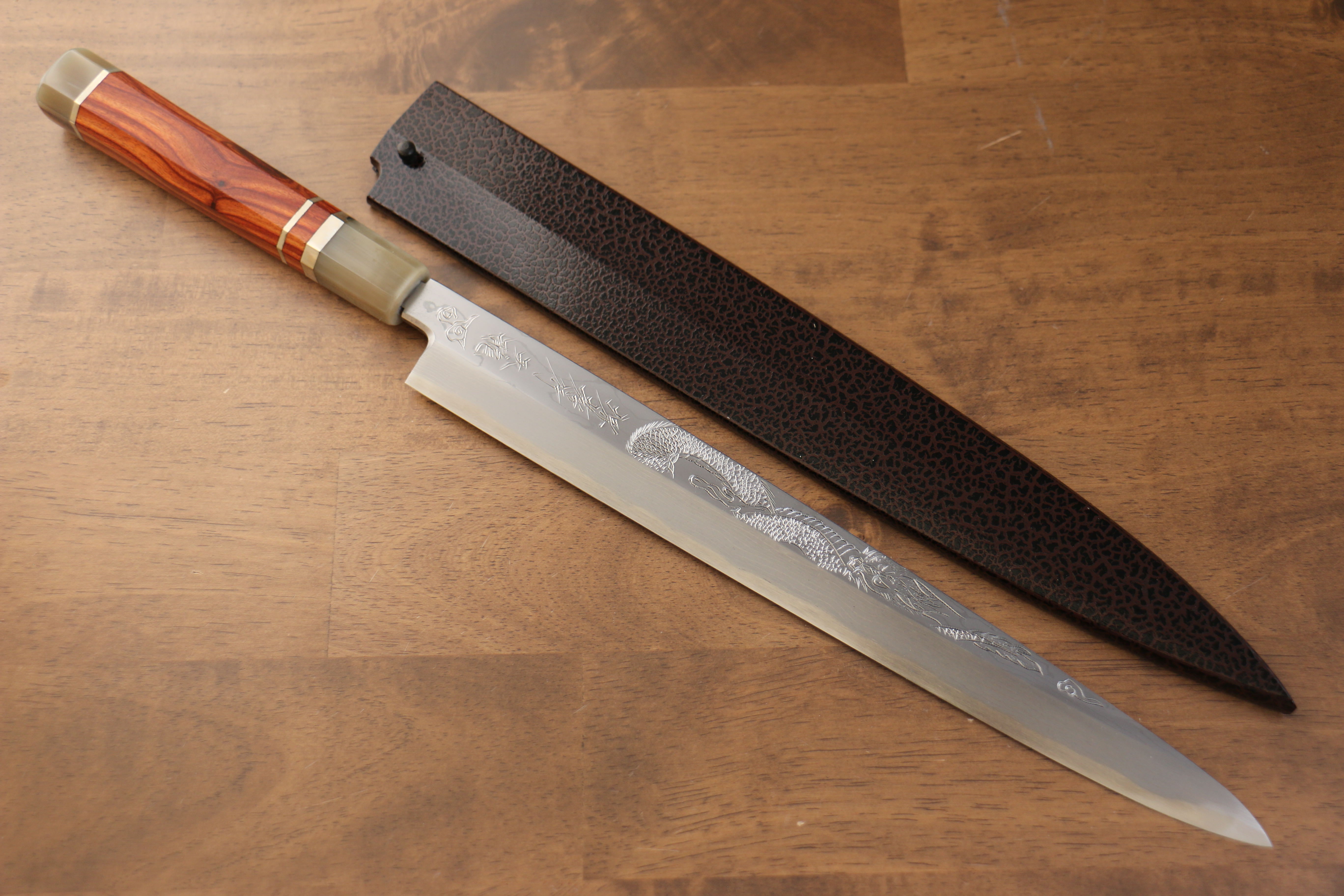 Sakai Takayuki Tenryu Uzushio Blue Steel No.2 Dragon Engraved Yanagiba 300mm Red Ebony Wood Handle with Sheath - Japanny - Best Japanese Knife