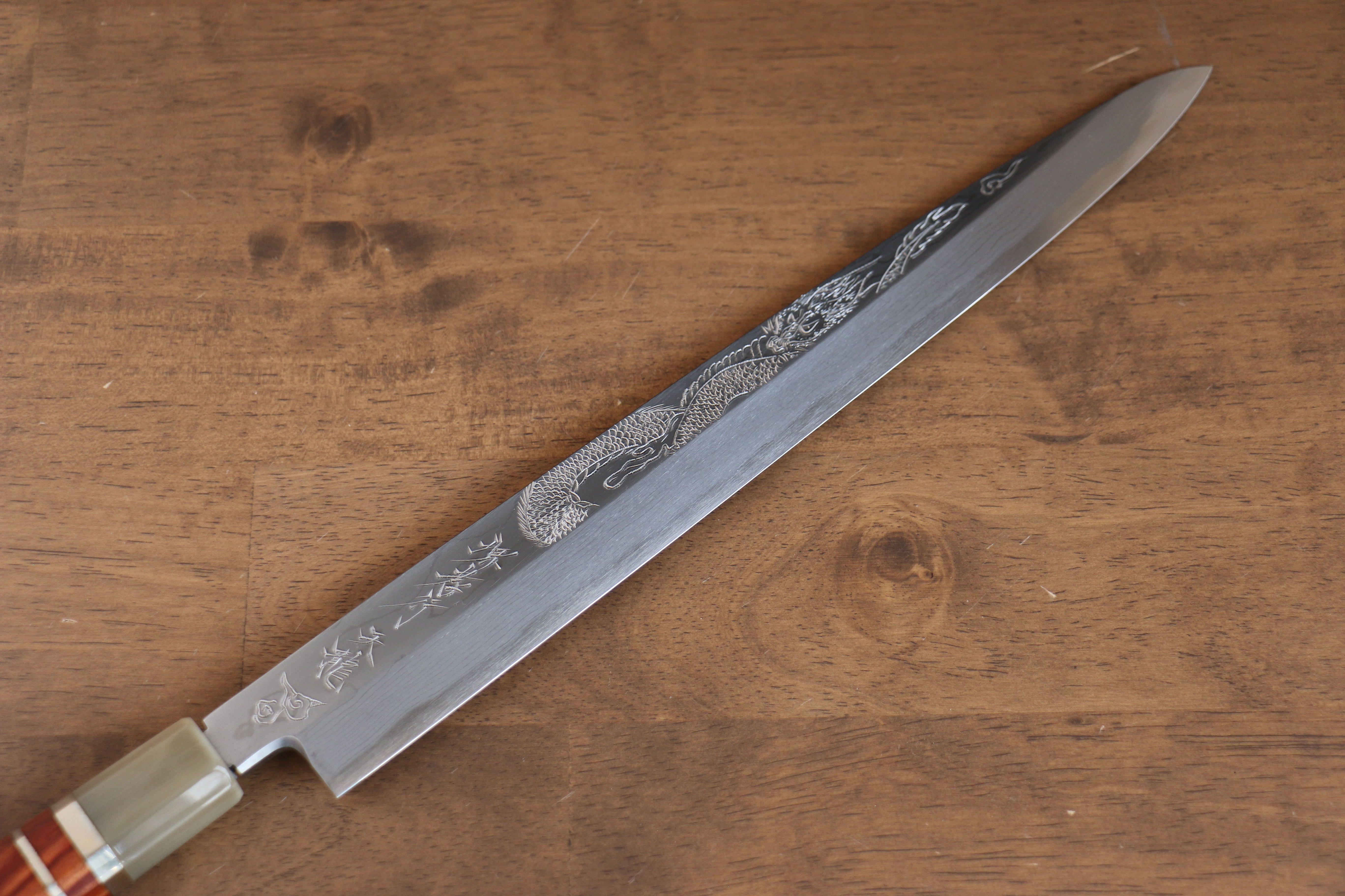 Sakai Takayuki Tenryu Uzushio Blue Steel No.2 Dragon Engraved Yanagiba 300mm Red Ebony Wood Handle with Sheath - Japanny - Best Japanese Knife