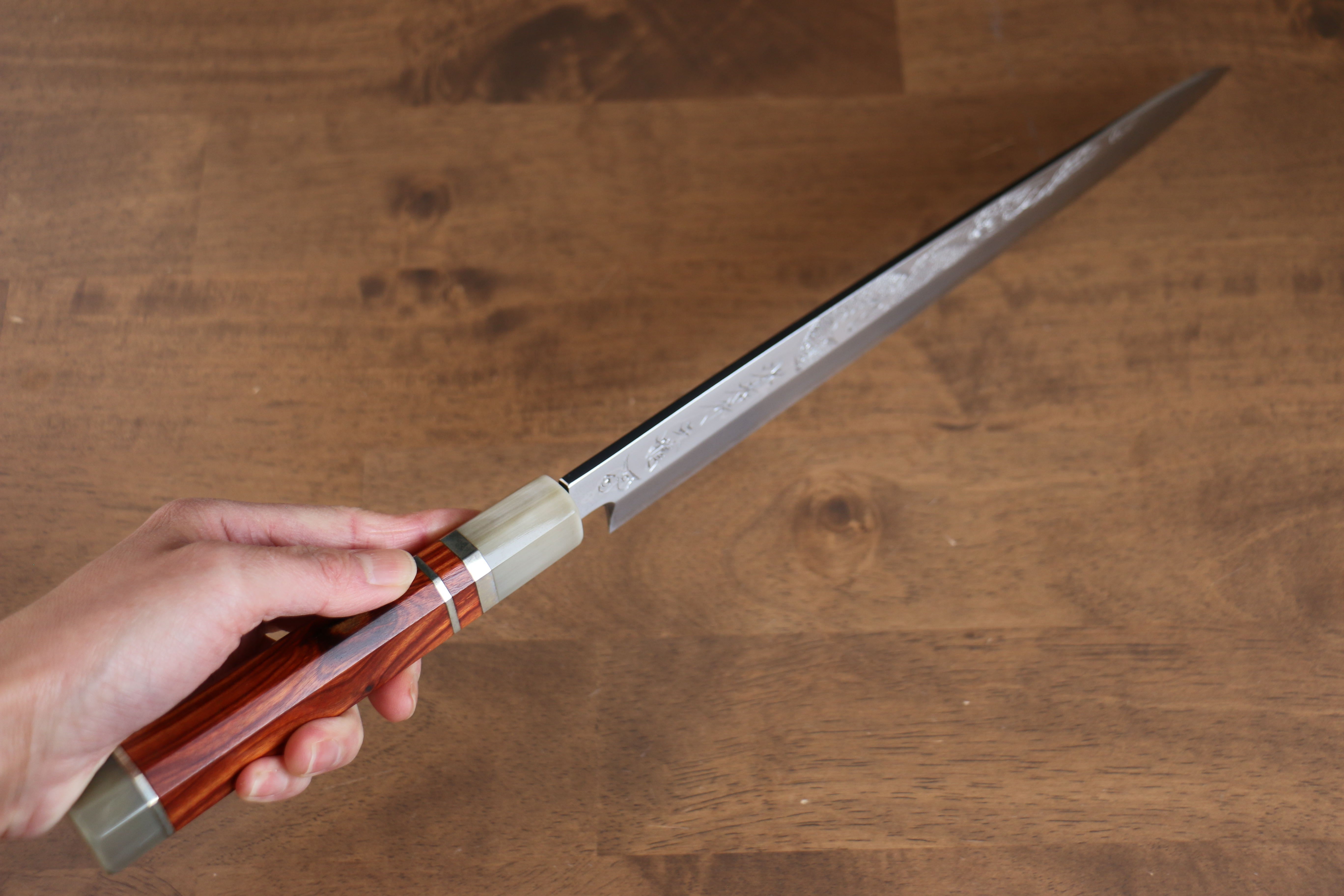 Sakai Takayuki Tenryu Uzushio Blue Steel No.2 Dragon Engraved Yanagiba 300mm Red Ebony Wood Handle with Sheath - Japanny - Best Japanese Knife