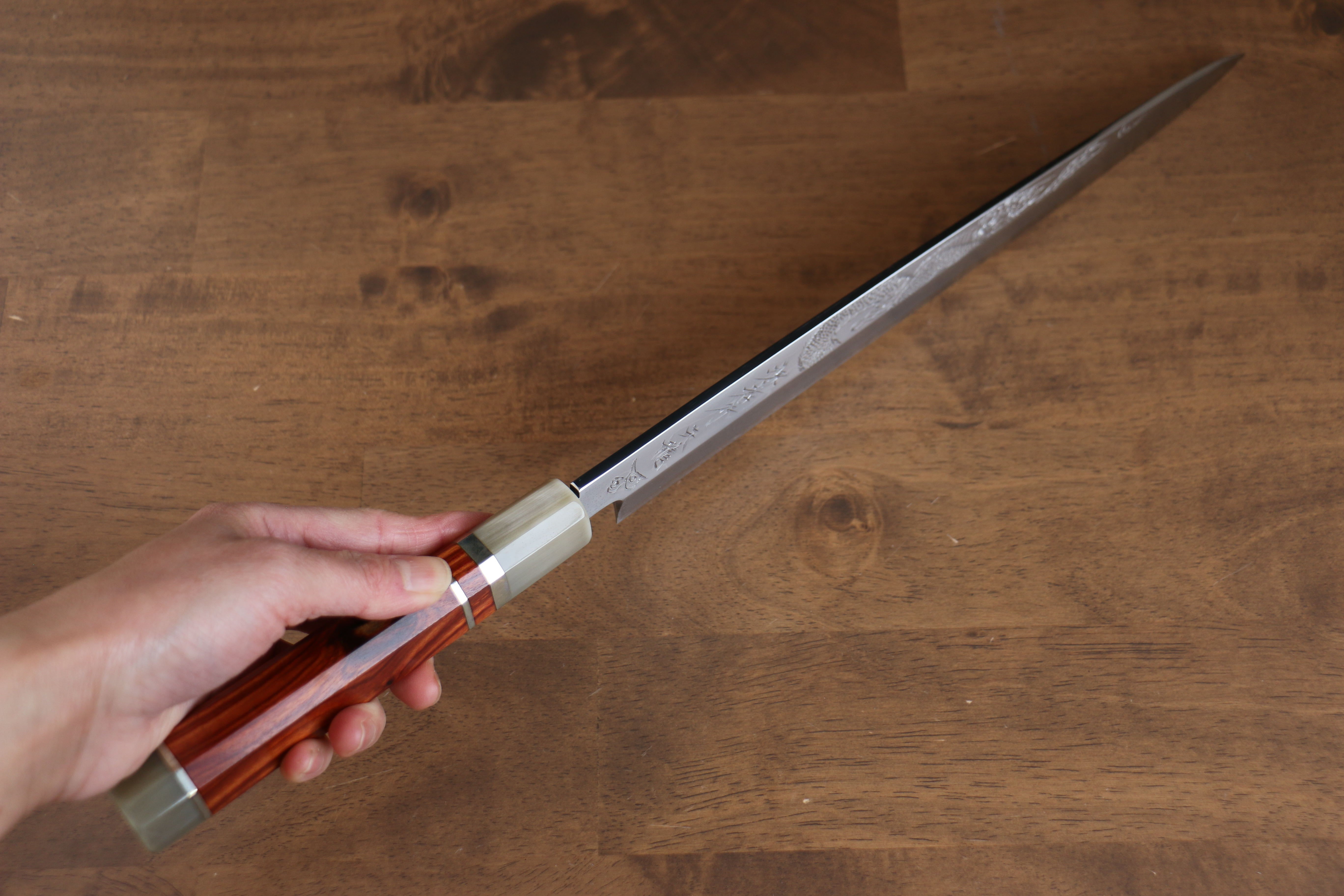 Sakai Takayuki Tenryu Uzushio Blue Steel No.2 Dragon Engraved Yanagiba 300mm Red Ebony Wood Handle with Sheath - Japanny - Best Japanese Knife