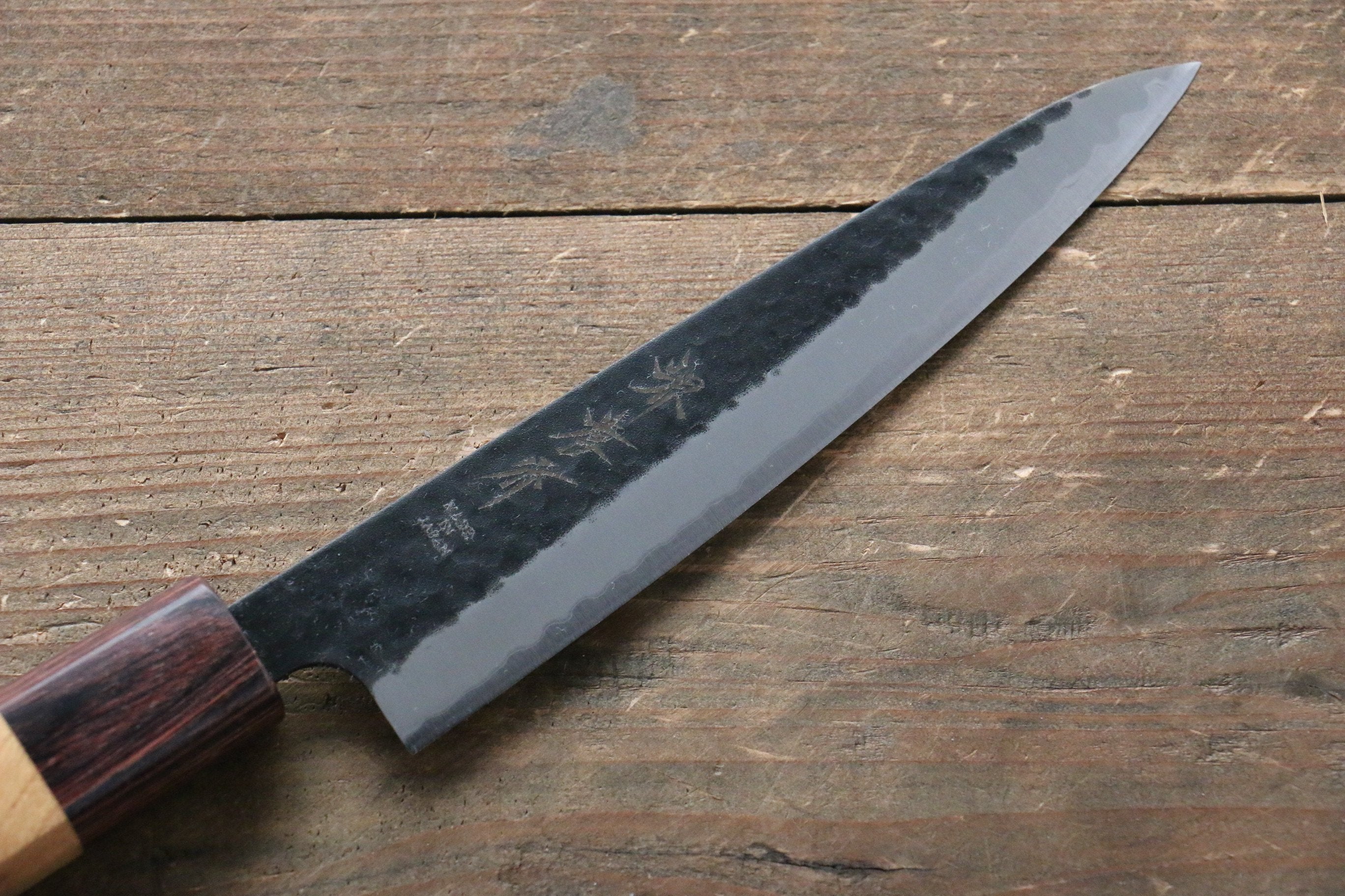 Sakai Takayuki Blue Super Hammered Black Finished Petty-Utility 135mm Keyaki (Japanese Elm) Handle - Japanny - Best Japanese Knife