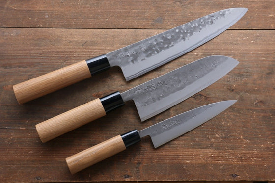 Seisuke Blue Steel No.2 Nashiji Gyuto, Santoku, Petty Japanese Chef Knives Set - Japanny - Best Japanese Knife