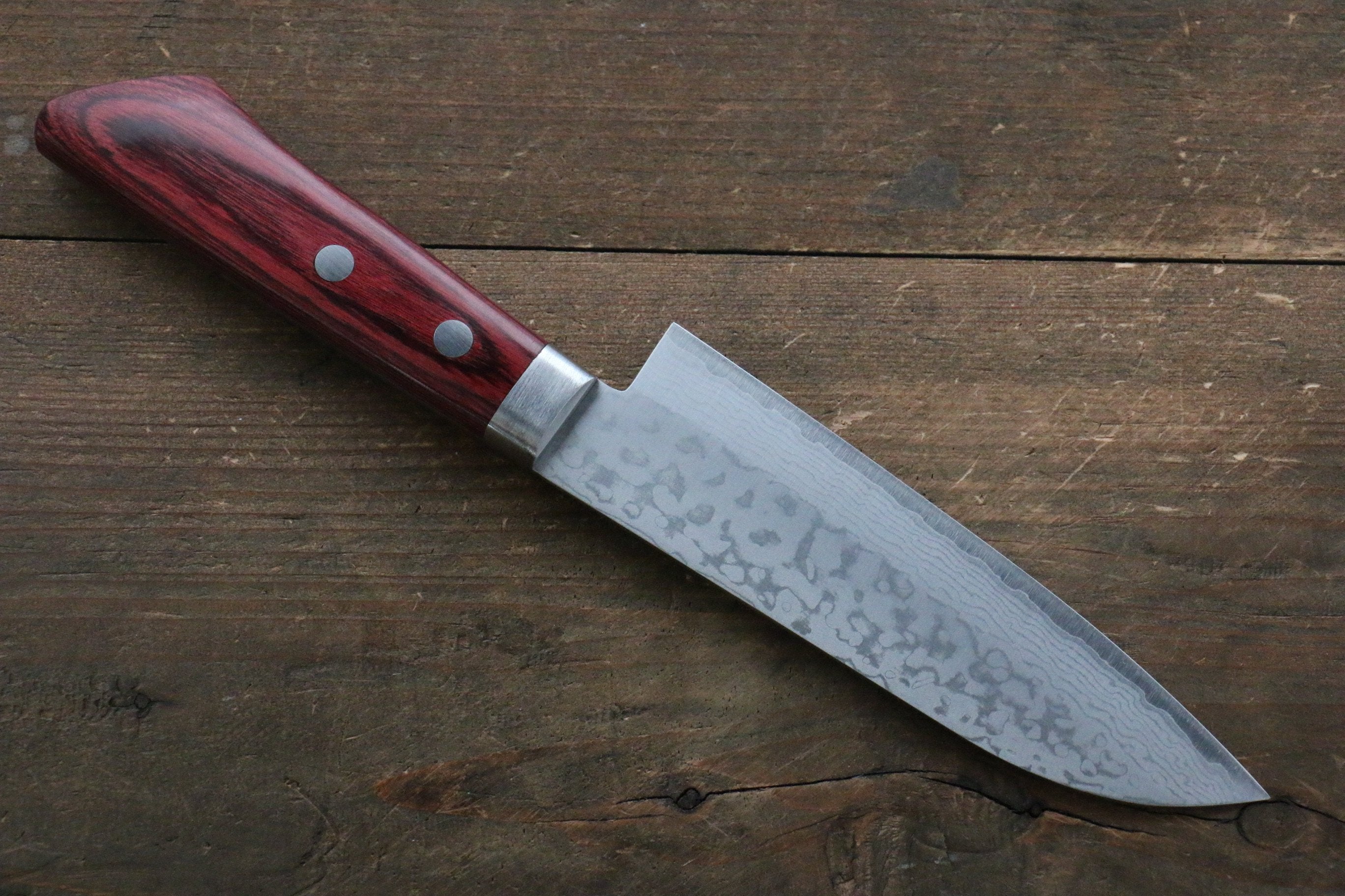 Kunihira Sairyu VG10 Damascus Small Santoku 135mm Red Pakka wood Handle - Japanny - Best Japanese Knife
