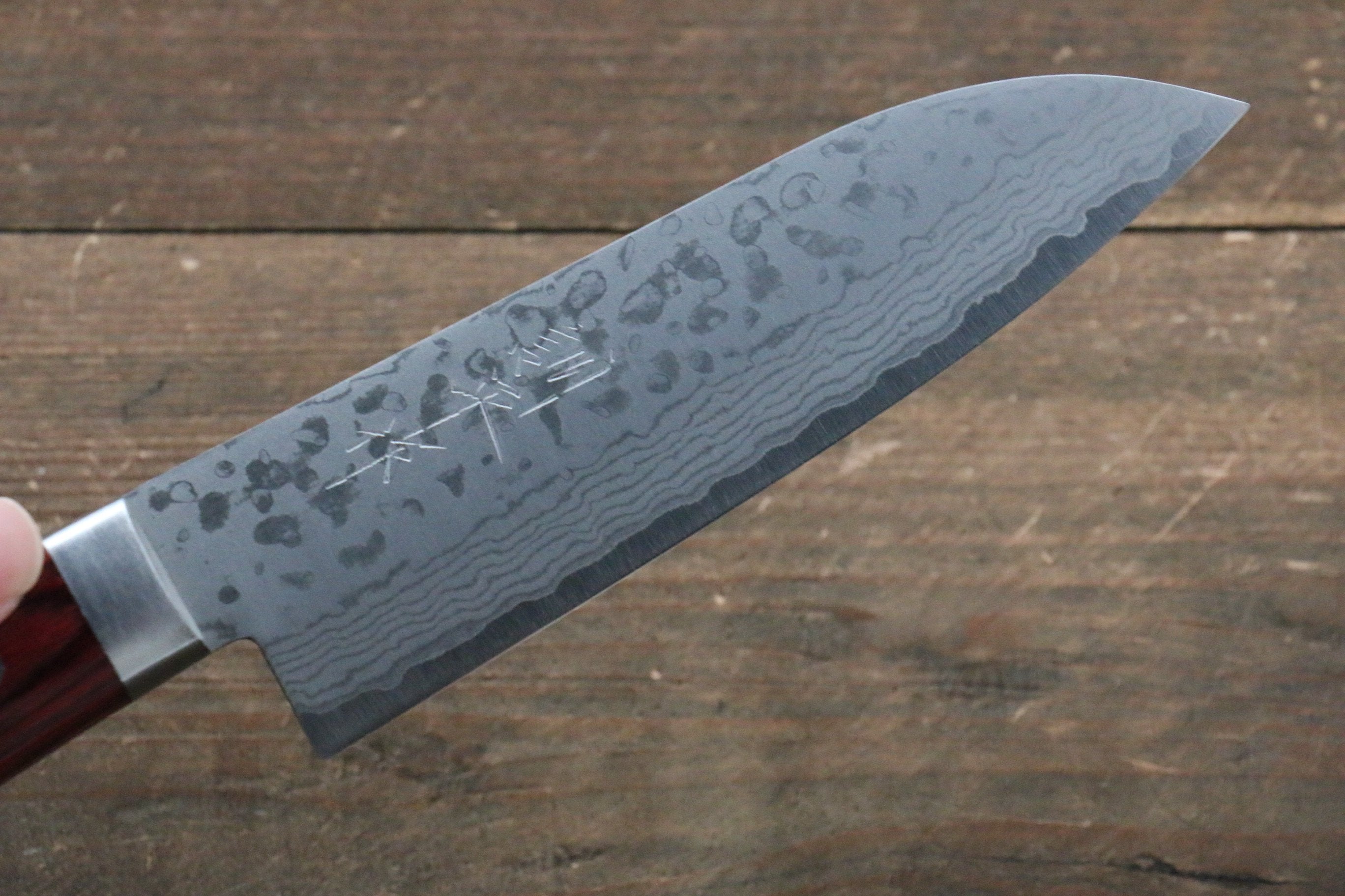 Kunihira Sairyu VG10 Damascus Small Santoku 135mm Red Pakka wood Handle - Japanny - Best Japanese Knife