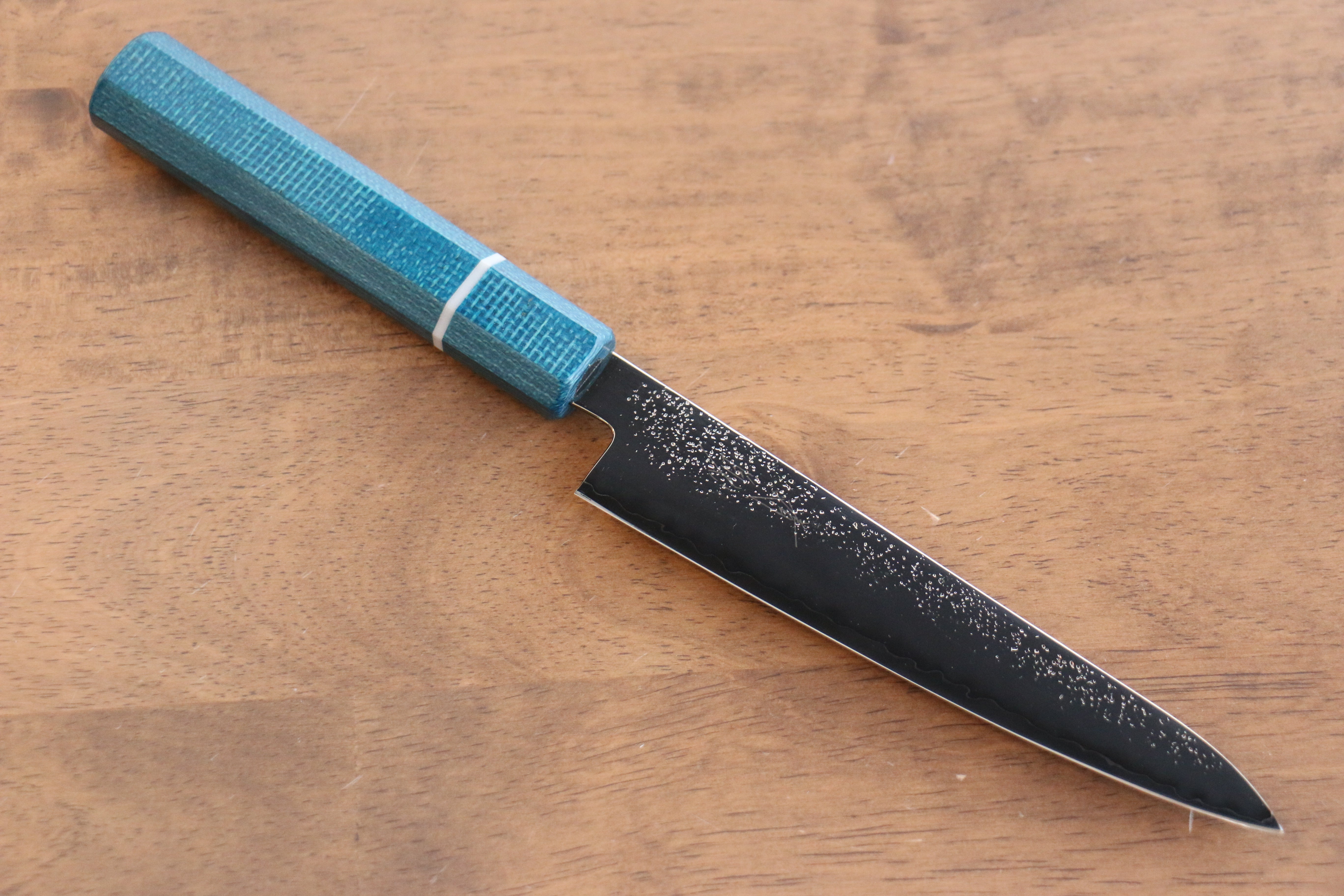 Seisuke VG5 Nashiji black dye Petty-Utility 150mm Blue Canvas Micarta Handle - Japanny - Best Japanese Knife