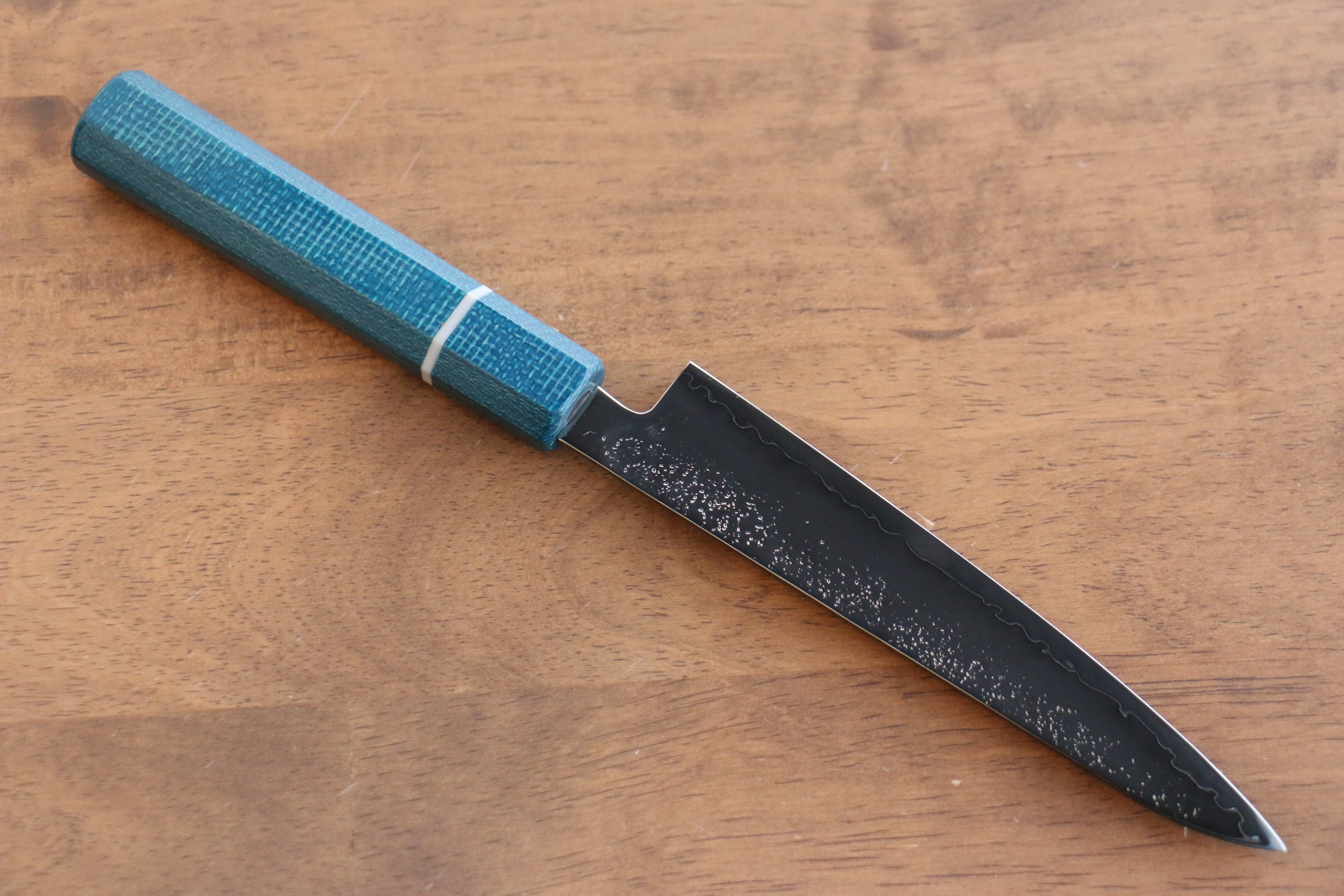 Seisuke VG5 Nashiji black dye Petty-Utility 150mm Blue Canvas Micarta Handle - Japanny - Best Japanese Knife