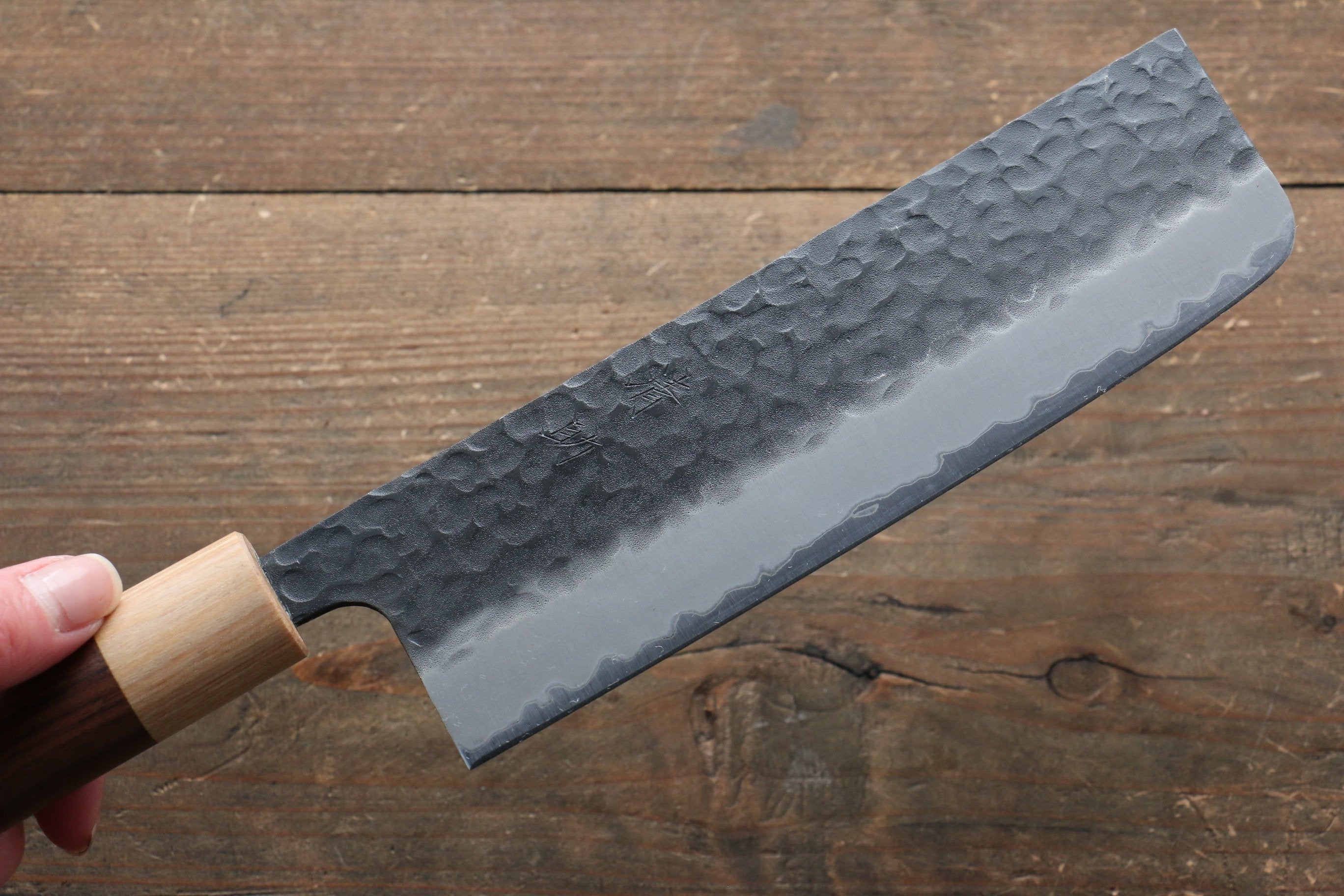 Seisuke Kokubyaku Blue Super Hammered Nakiri 165mm Morado Handle - Japanny - Best Japanese Knife