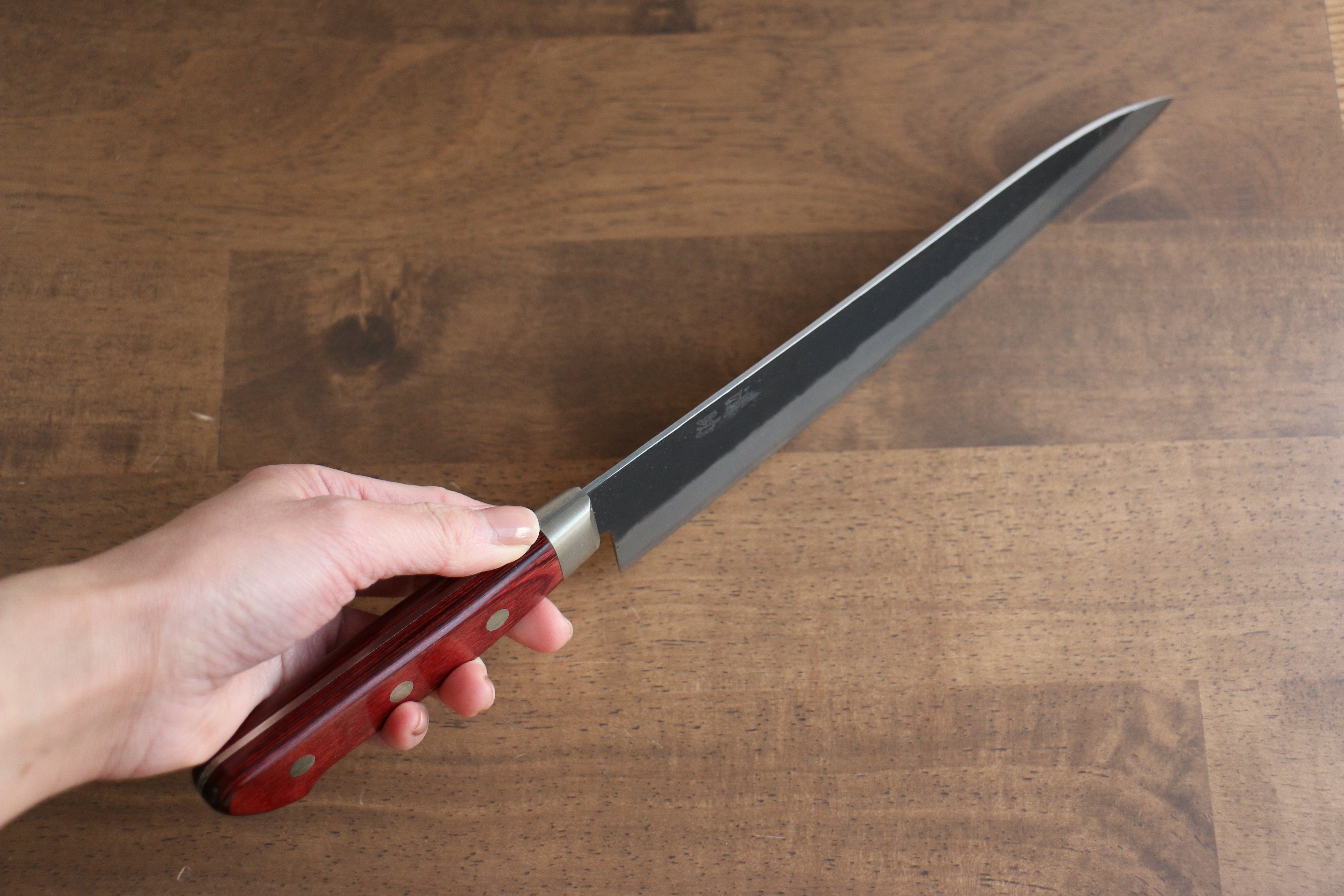 Seisuke Kuronashi Blue Super Nashiji Kurouchi Gyuto 210mm Red Pakka wood Handle - Japanny - Best Japanese Knife