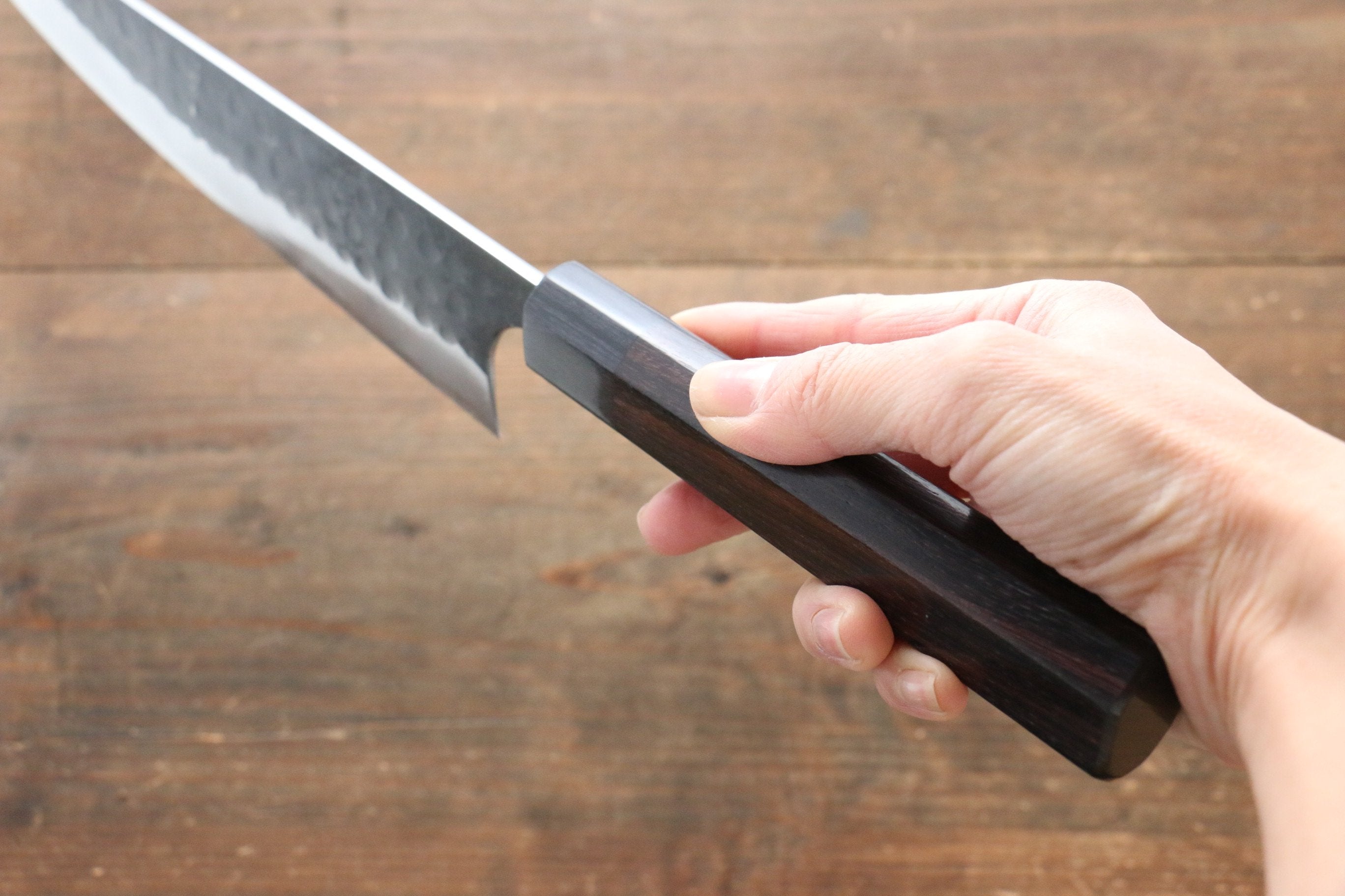 Seisuke [Left Handed] Blue Steel No.2 Hammered Kurouchi Gyuto 240mm Shitan Handle - Japanny - Best Japanese Knife