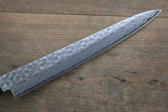 Sakai Takayuki AUS-10 45 Layer Damascus Hammered Sujihiki Japanese Chef Knife 240mm Silver Dots Lacquered Handle With Saya - Japanny - Best Japanese Knife