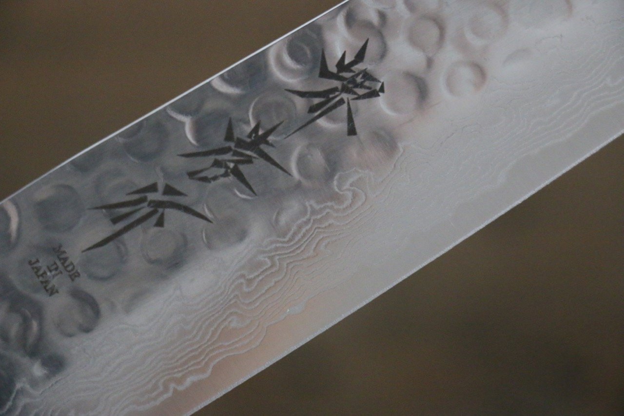 Sakai Takayuki AUS-10 45 Layer Damascus Hammered Sujihiki Japanese Chef Knife 240mm Green Lacquered Handle With Saya - Japanny - Best Japanese Knife