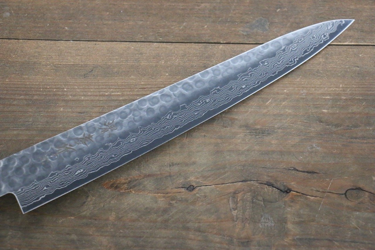Sakai Takayuki AUS-10 45 Layer Damascus Hammered Sujihiki Japanese Chef Knife 240mm Blue Lacquered Handle With Saya - Japanny - Best Japanese Knife