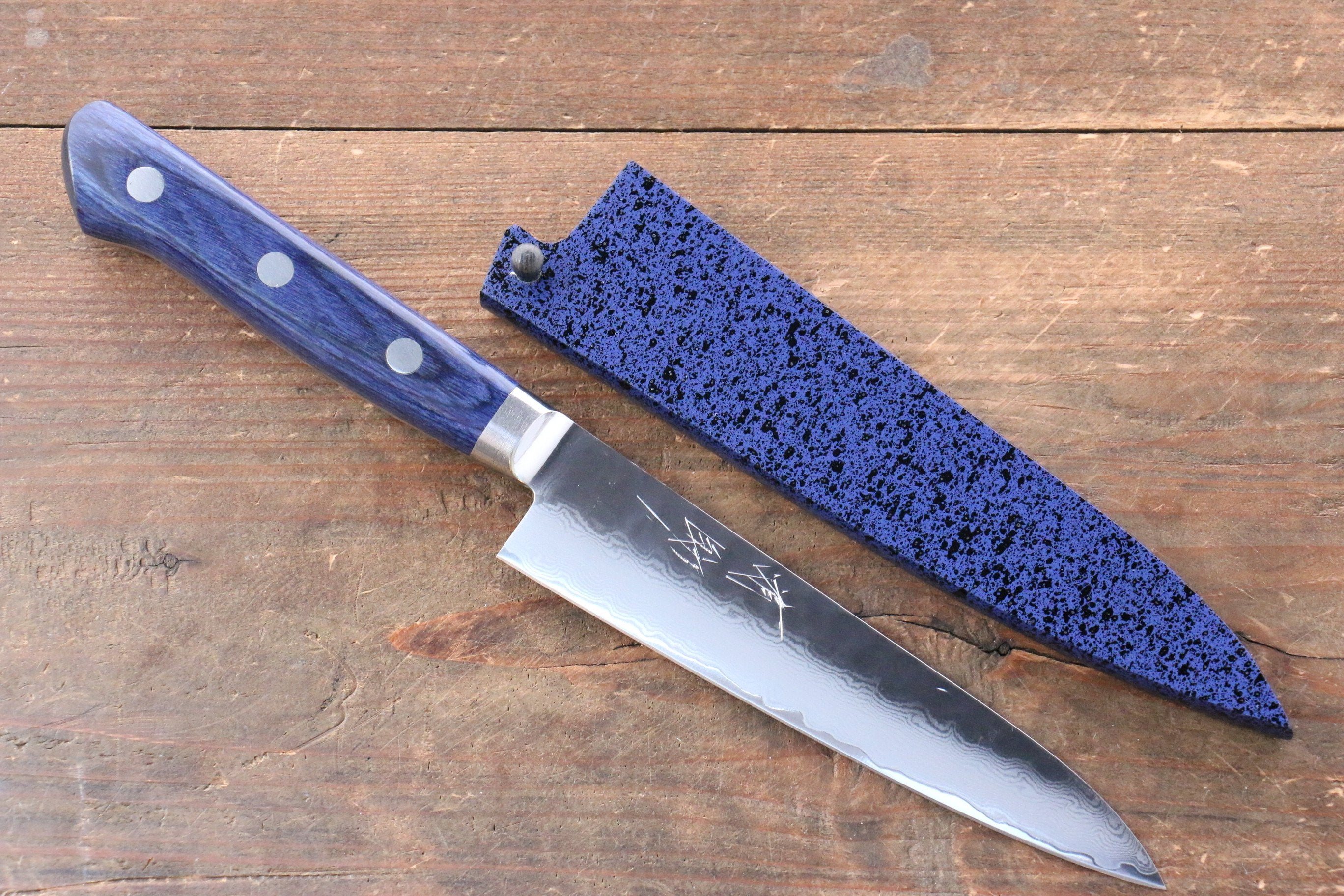 Seisuke Seiun VG10 33 Layer Damascus Petty-Utility 135mm Blue Pakka wood Handle with Sheath - Japanny - Best Japanese Knife