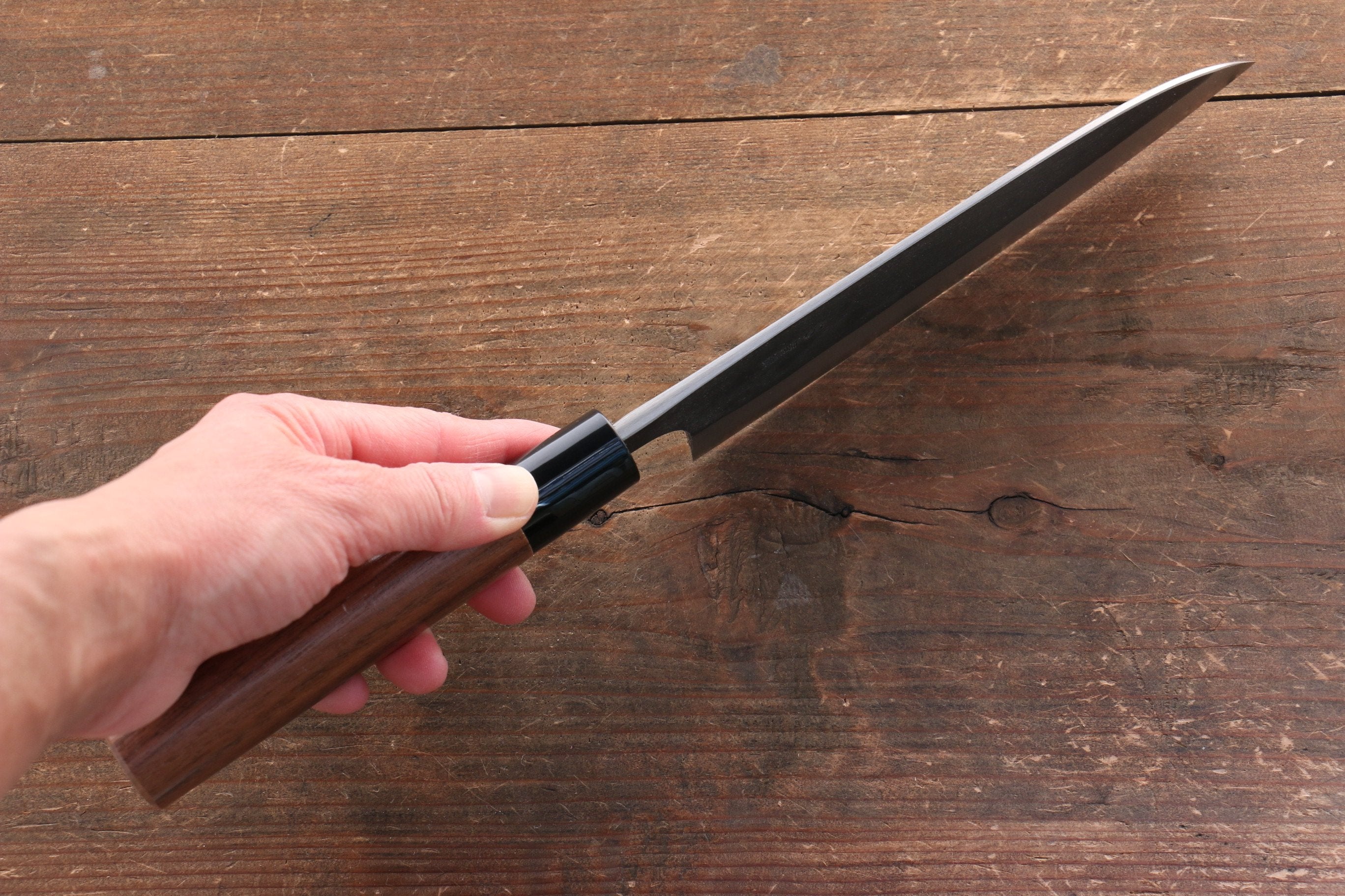 Nao Yamamoto Blue Super Kurouchi Santoku 165mm Walnut Handle - Japanny - Best Japanese Knife