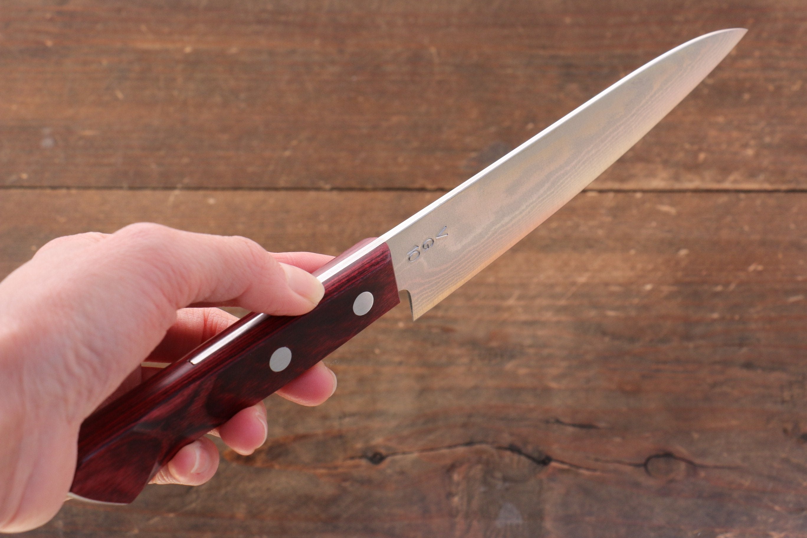 Nao Yamamoto VG10 Damascus Petty-Utility 135mm Red Pakka wood Handle - Japanny - Best Japanese Knife