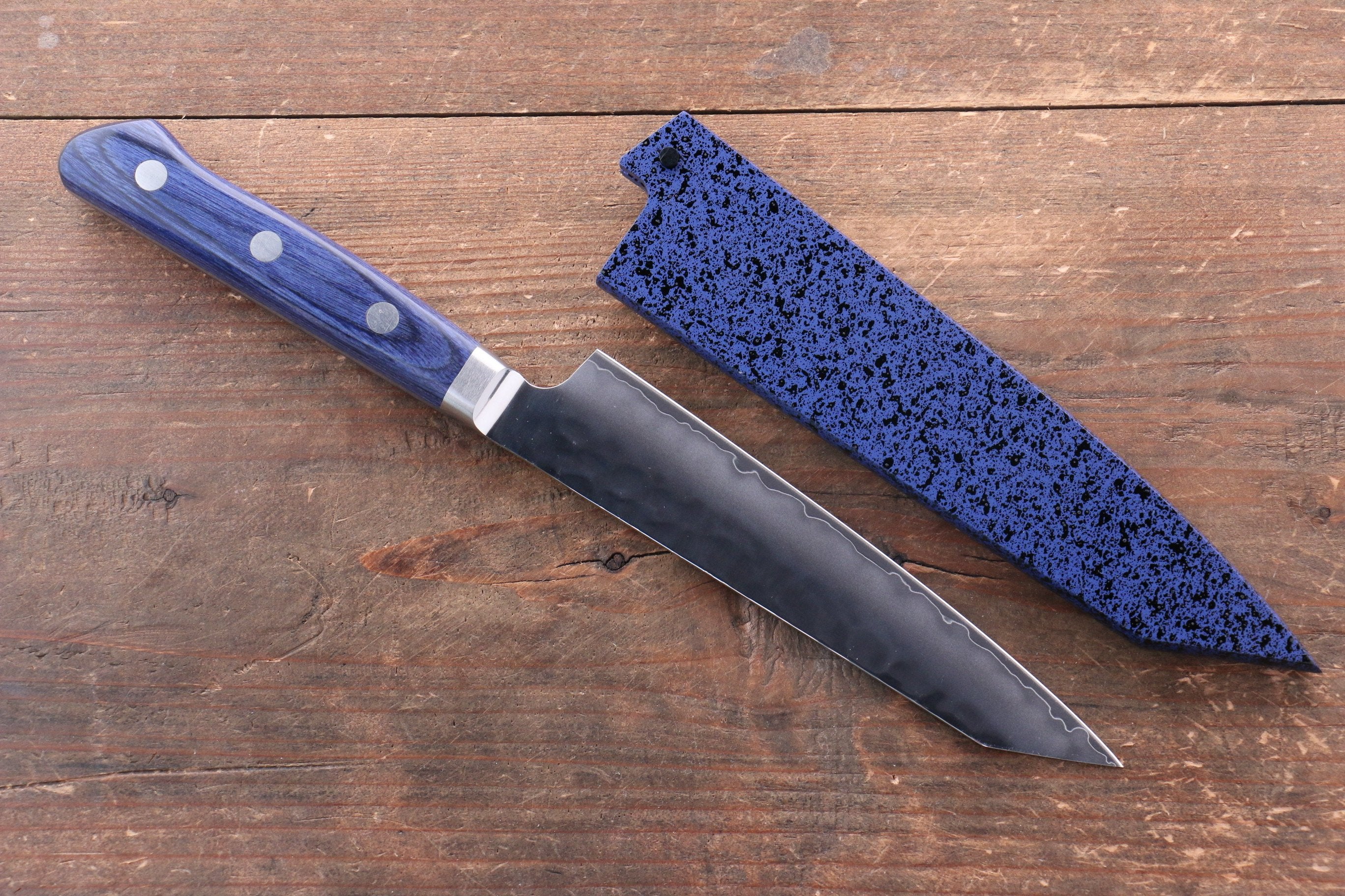 Seisuke Aotsuchi AUS10 Hammered Kiritsuke Petty-Utility 140mm Blue Pakka wood Handle with Sheath - Japanny - Best Japanese Knife