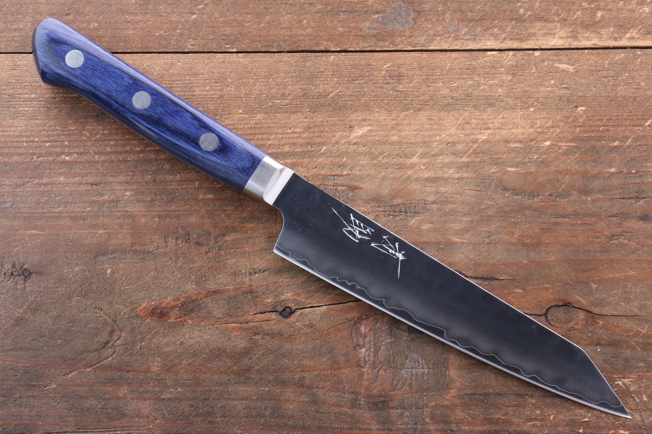 Seisuke Aotsuchi AUS10 Hammered Kiritsuke Petty-Utility 140mm Blue Pakka wood Handle with Sheath - Japanny - Best Japanese Knife