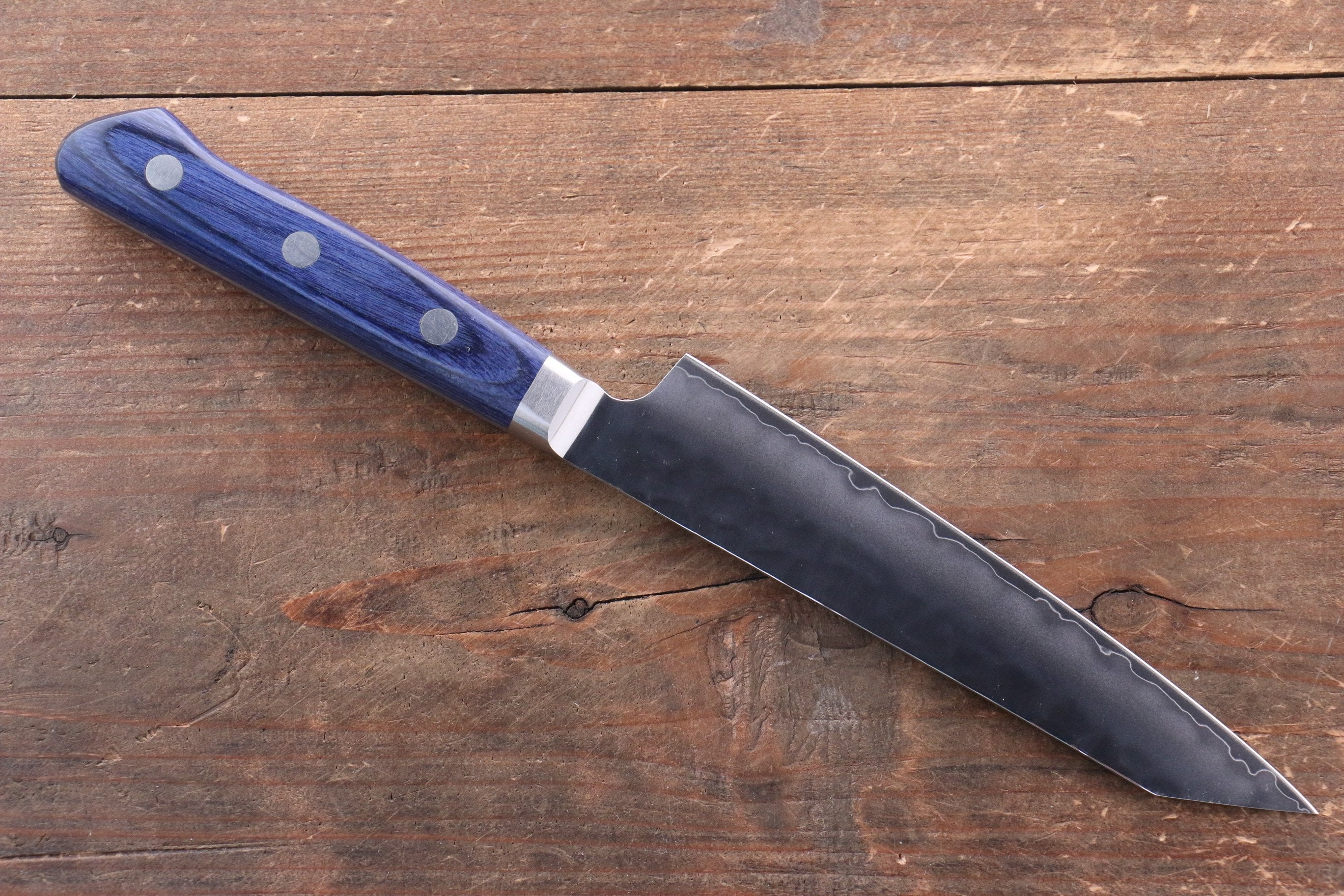 Seisuke Aotsuchi AUS10 Hammered Kiritsuke Petty-Utility 140mm Blue Pakka wood Handle with Sheath - Japanny - Best Japanese Knife