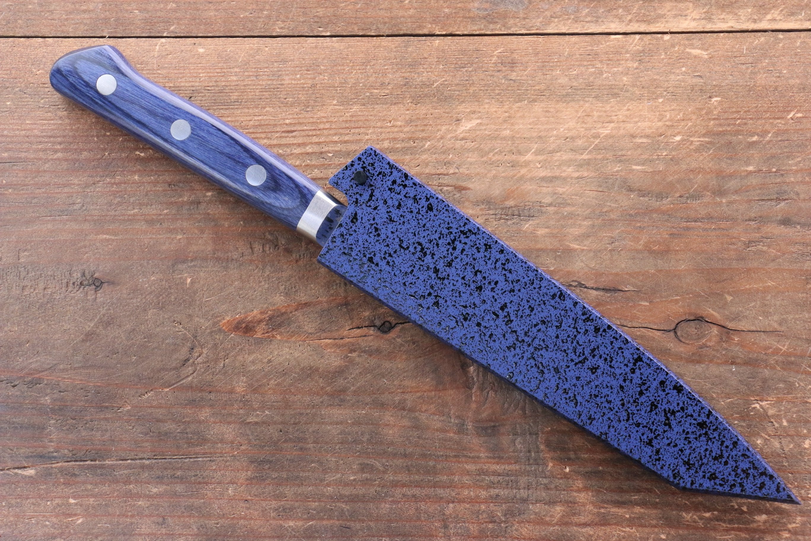 Seisuke Aotsuchi AUS10 Hammered Kiritsuke Petty-Utility 140mm Blue Pakka wood Handle with Sheath - Japanny - Best Japanese Knife