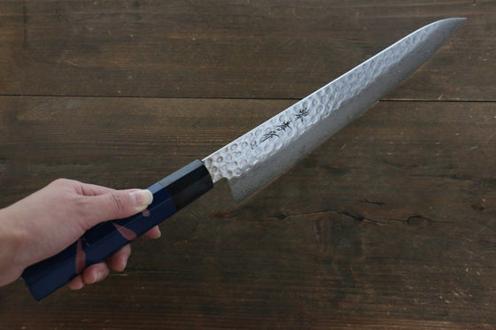 Sakai Takayuki AUS10 45 Layer Damascus Hammered Gyuto 240mm Blue Lacquered Handle with Sheath - Japanny - Best Japanese Knife