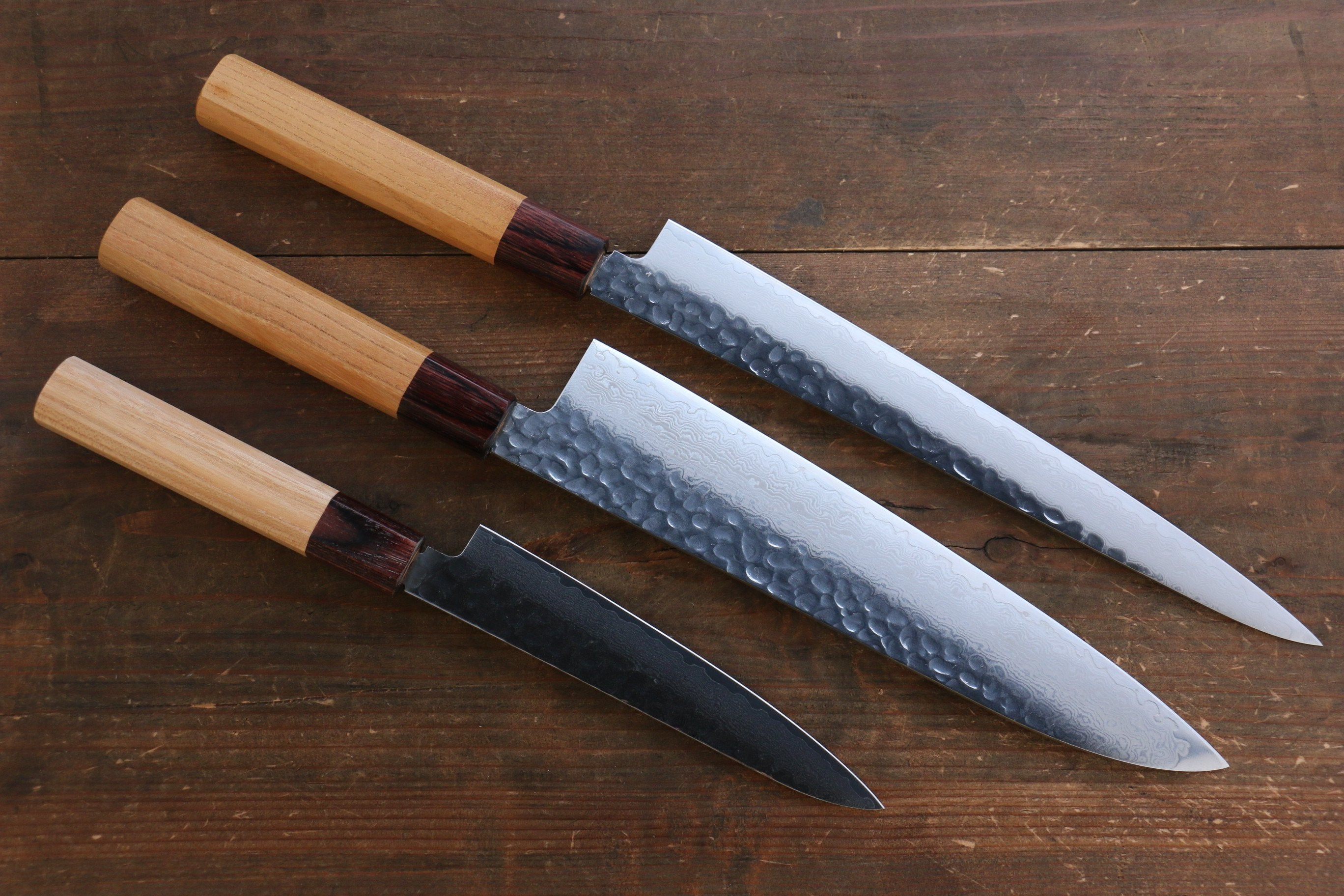 Sakai Takayuki VG10 33 Layer Damascus Japanese Chef Knife Sujihiki 240mm, Gyuto 240mm& Petty 150mm Set with Keyaki Handle(Japanese Elm) - Japanny - Best Japanese Knife