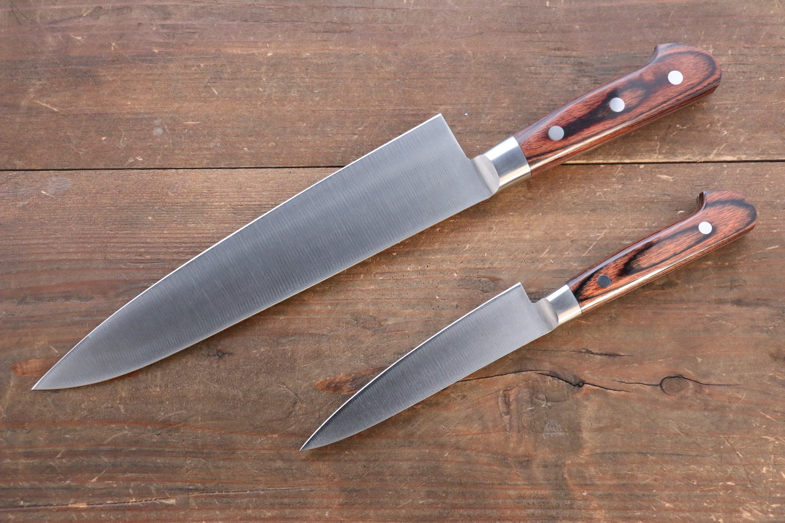 Iseya Molybdenum Steel Petty Japanese Chef Knife 120mm & Gyuto Knife 210mm with Mahogany Packer wood Handle Set (Ferrel : Stainless Steel) - Japanny - Best Japanese Knife