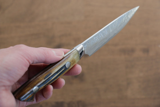 Kazuo Nomura VG10 Damascus Petty-Utility 100mm Yellow Cow Bone Handle - Japanny - Best Japanese Knife